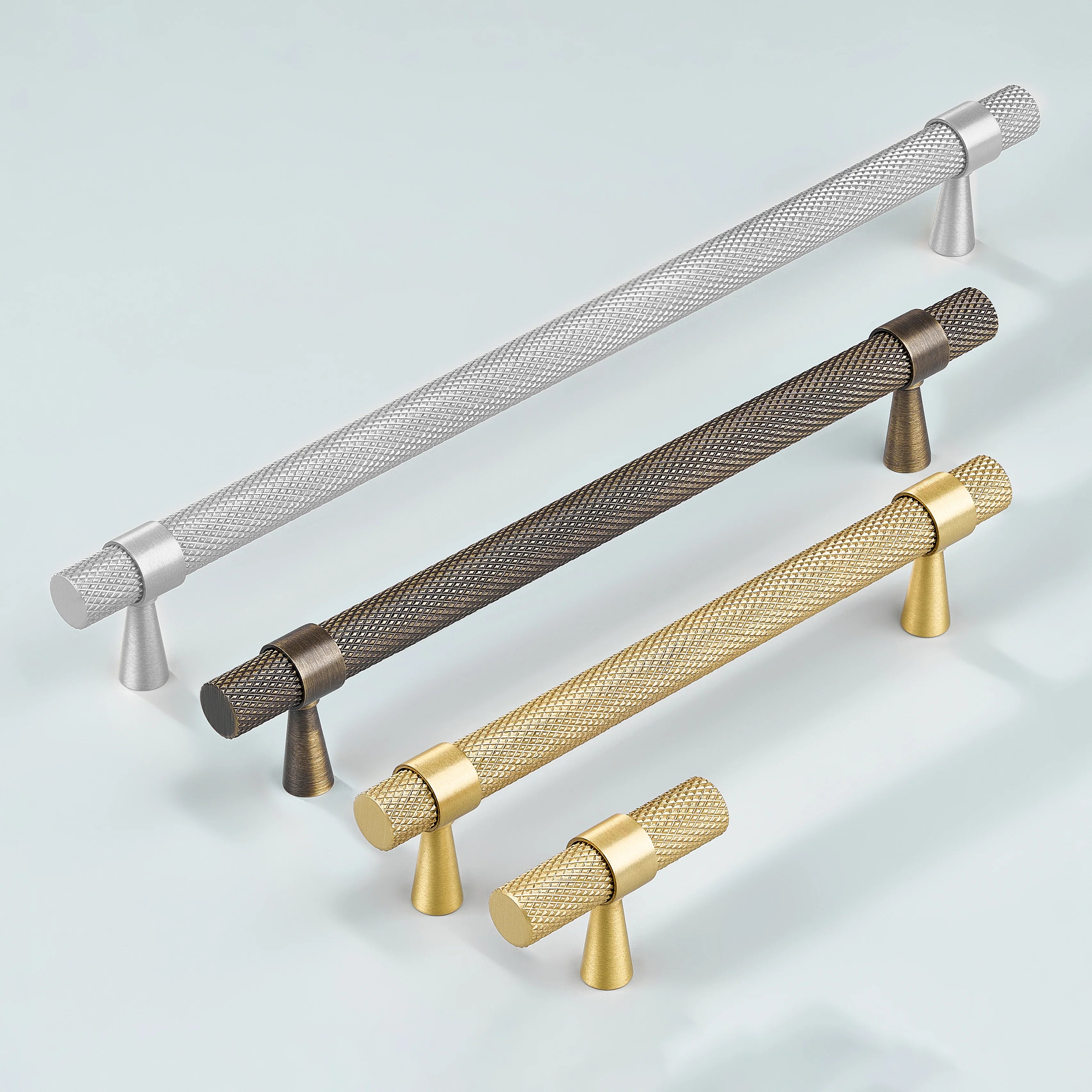 Diamond Knurled Cabinet Handle in silver, antique bronze and gold finishes in various sizes along with cabinet knob in gold finish