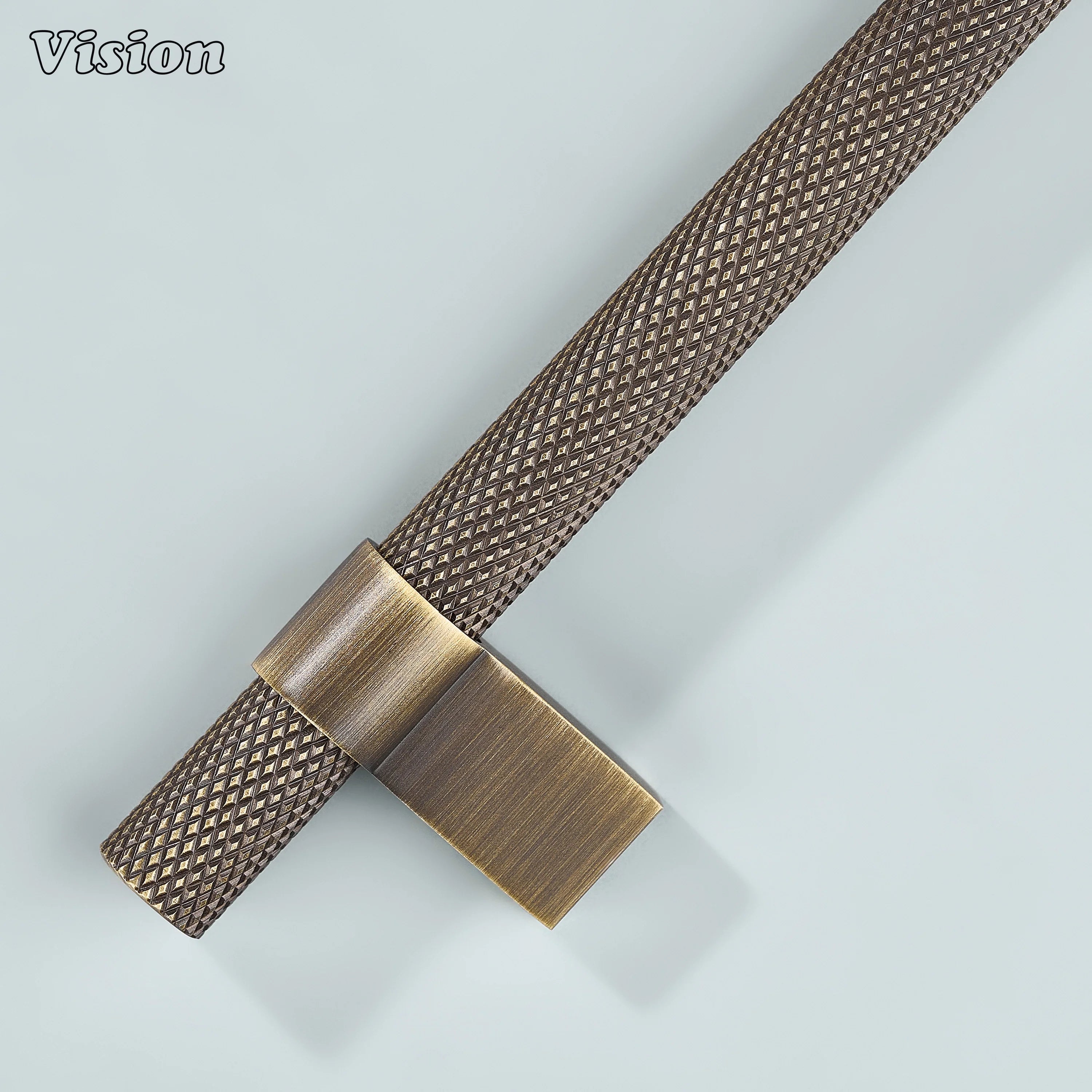 Antique bronze bar handle with knurled grip and squared legs for cabinetry upgrades.