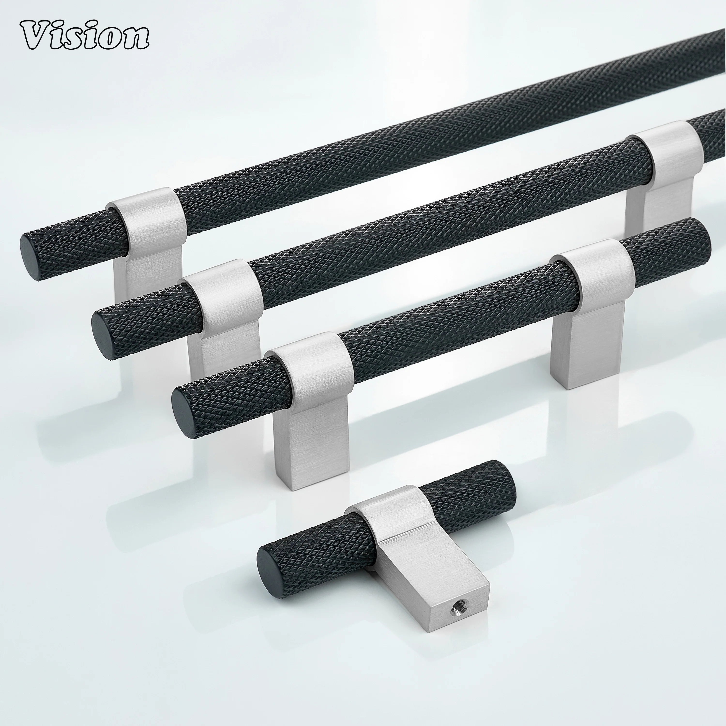 Premium knurled cabinet handle in Black and Silver featuring square legs for drawer units