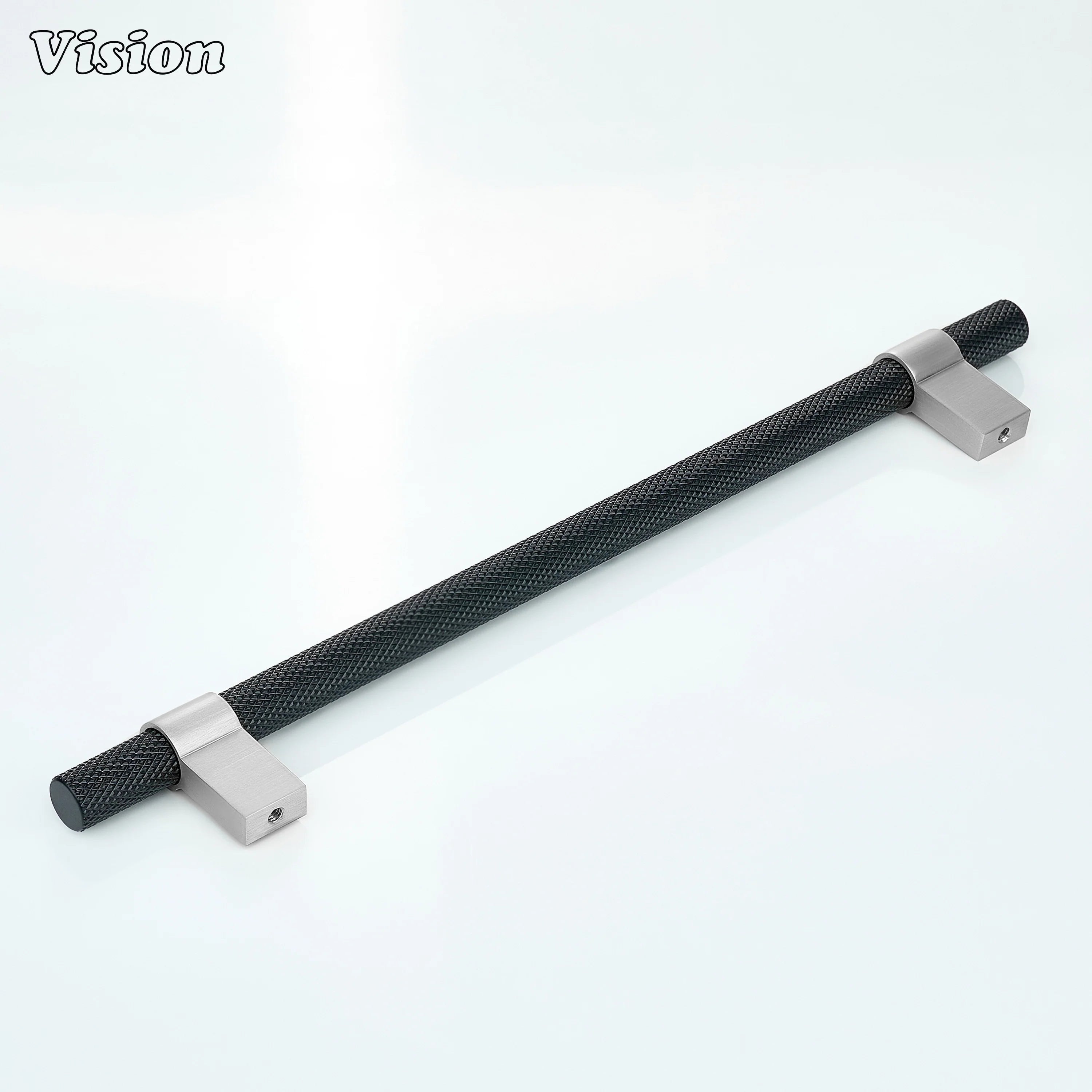 Black and Silver cabinet handle with knurled bar and square legs for wardrobe cabinetry