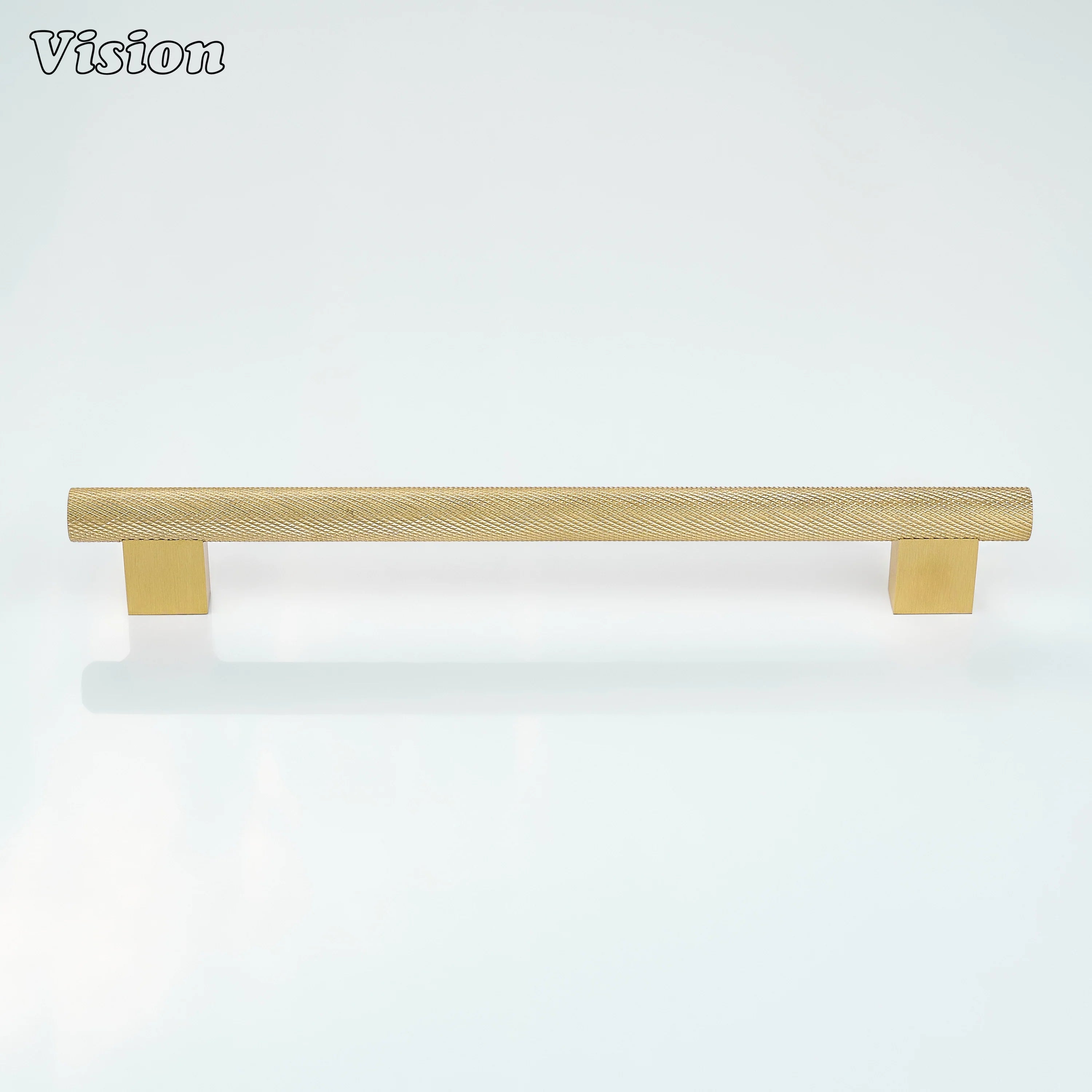 Gold knurled cabinet handle with solid square legs used on furniture storage