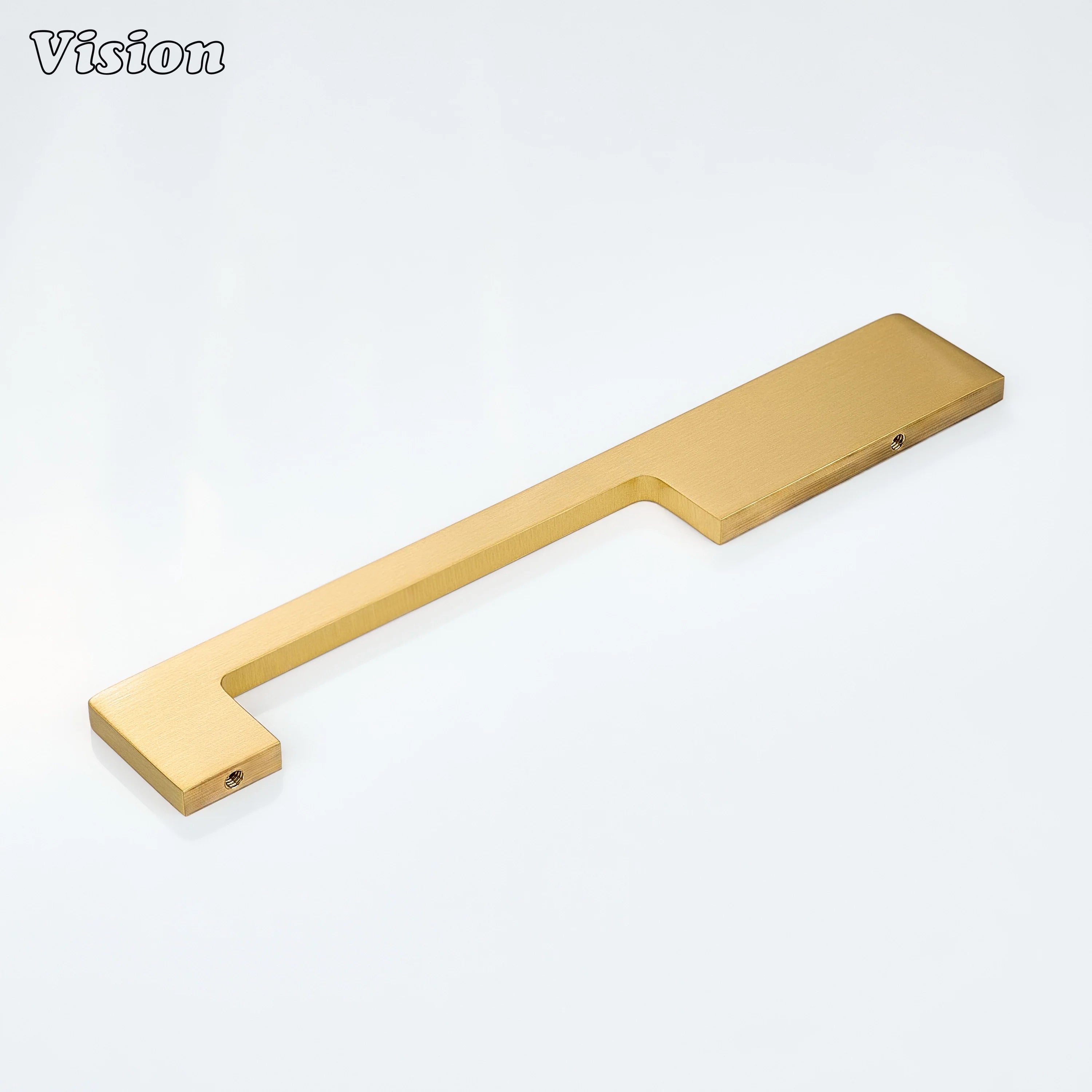 Gold brass handle with straight bar profile used on storage drawers