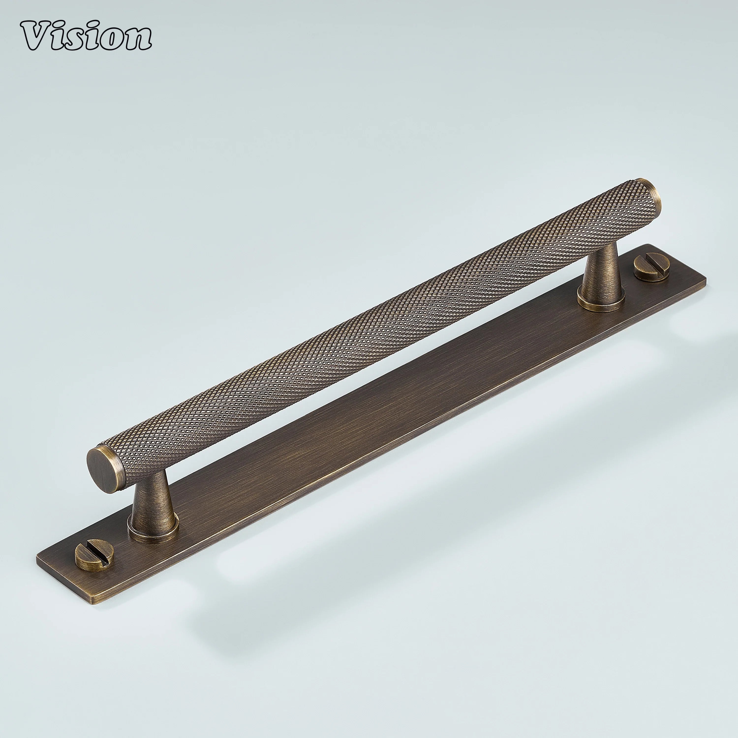 Antique Bronze cabinet handle showing knurled bar and button screw detail