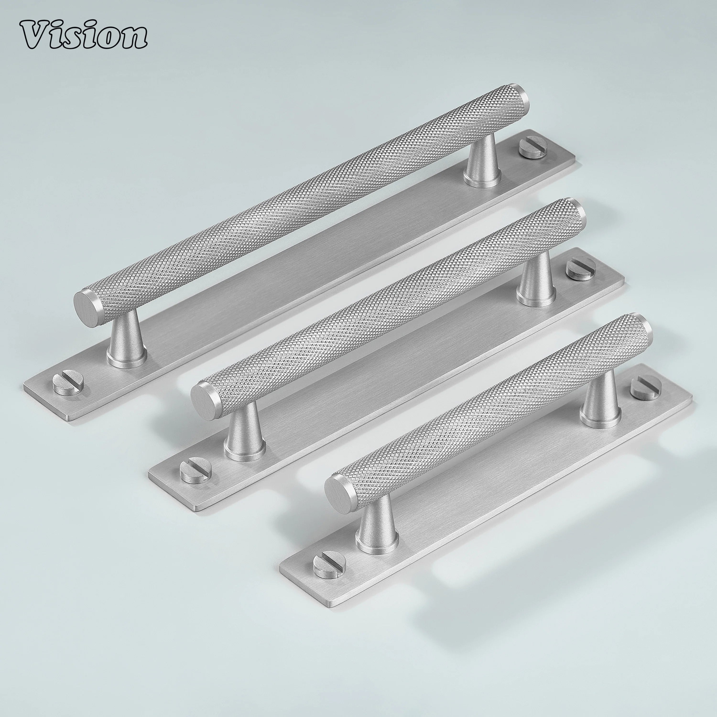 Silver knurled cabinet handle with bar profile and backplate on drawers