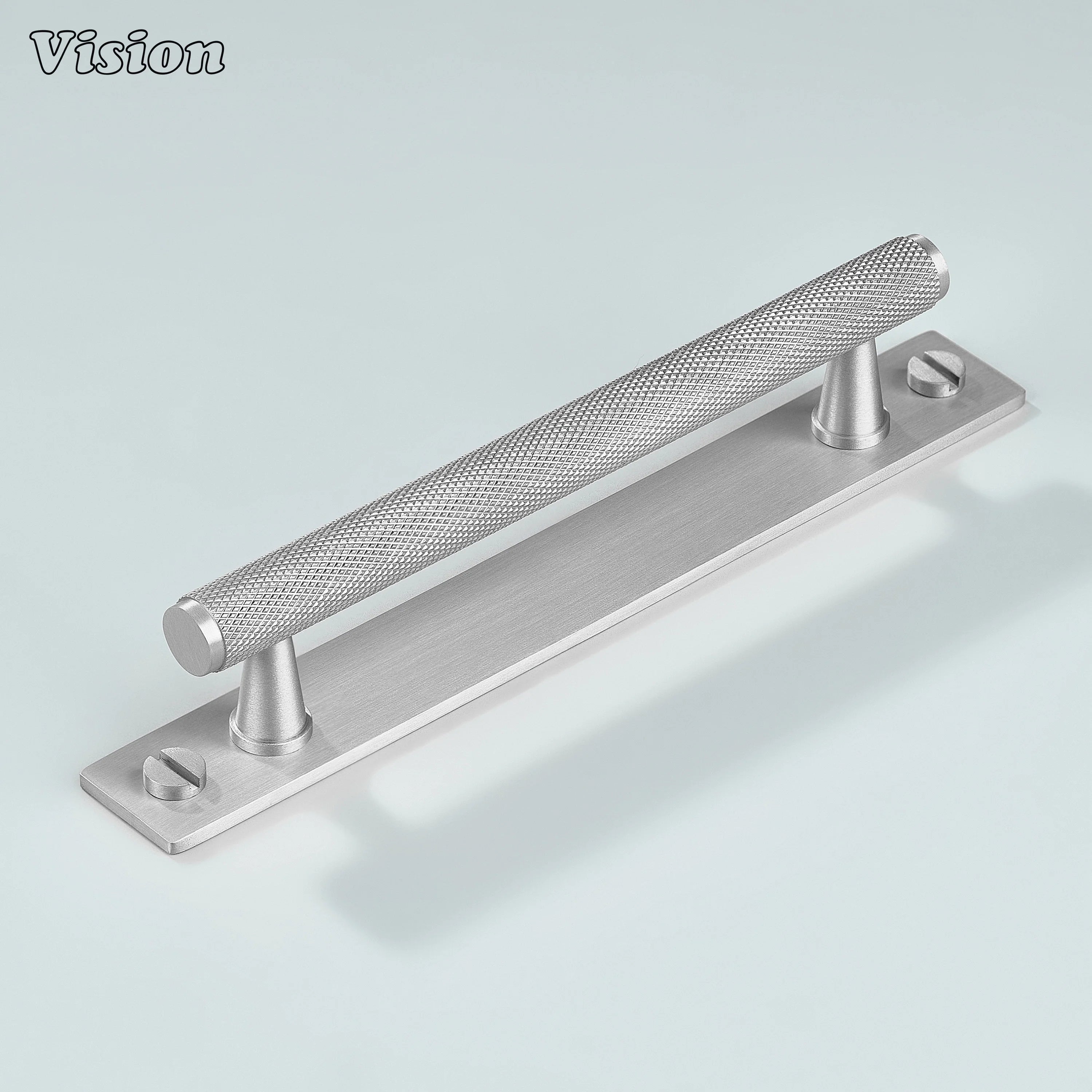 Silver cabinet handle showing knurled bar and button screw detail