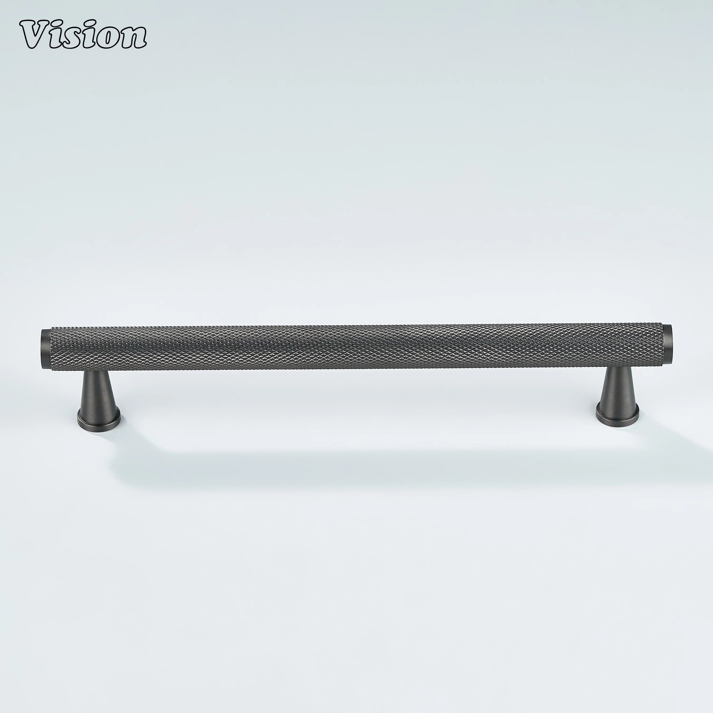 Gunmetal knurled cabinet pull for cupboards and storage.