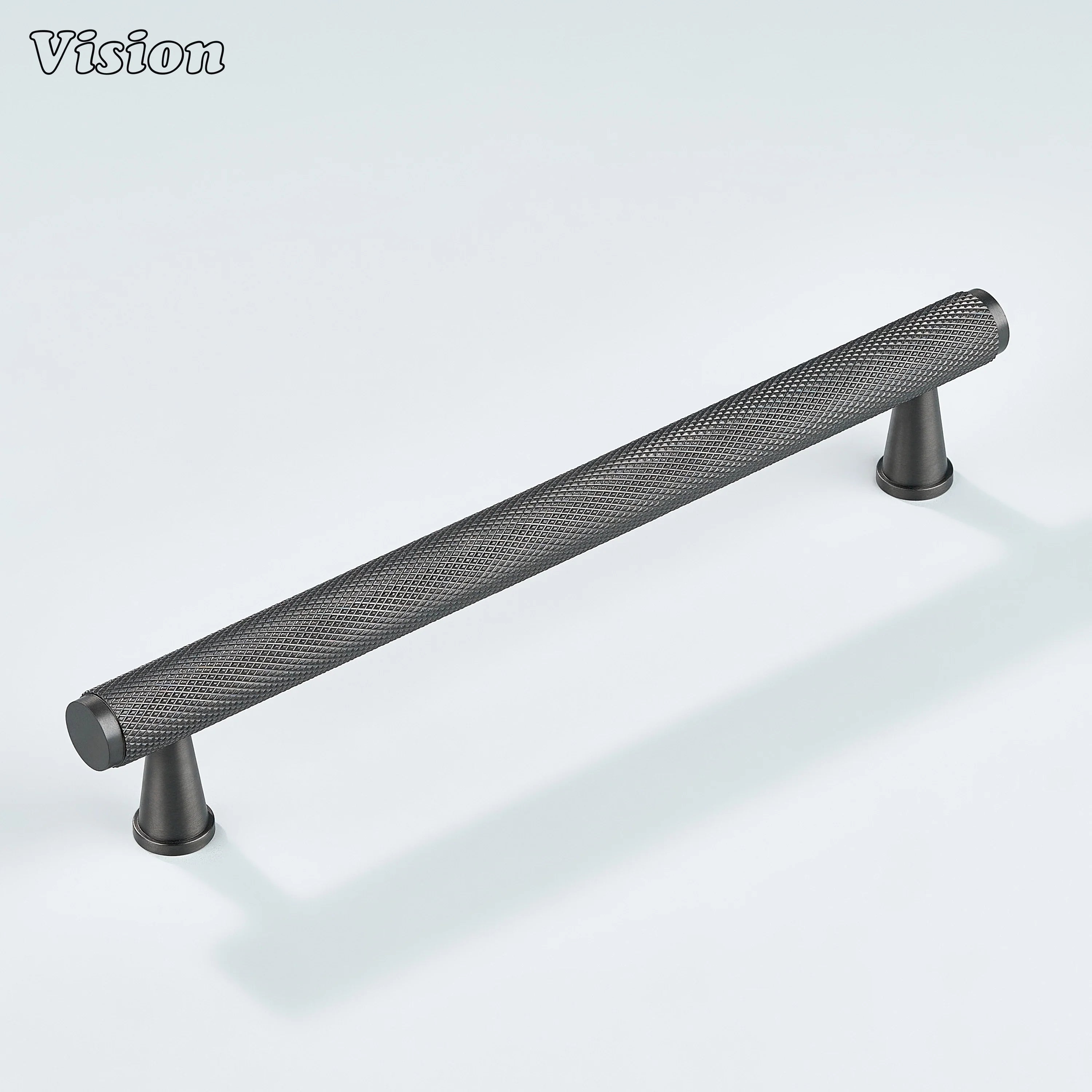 Gunmetal knurled handle mounted on closet cabinets.