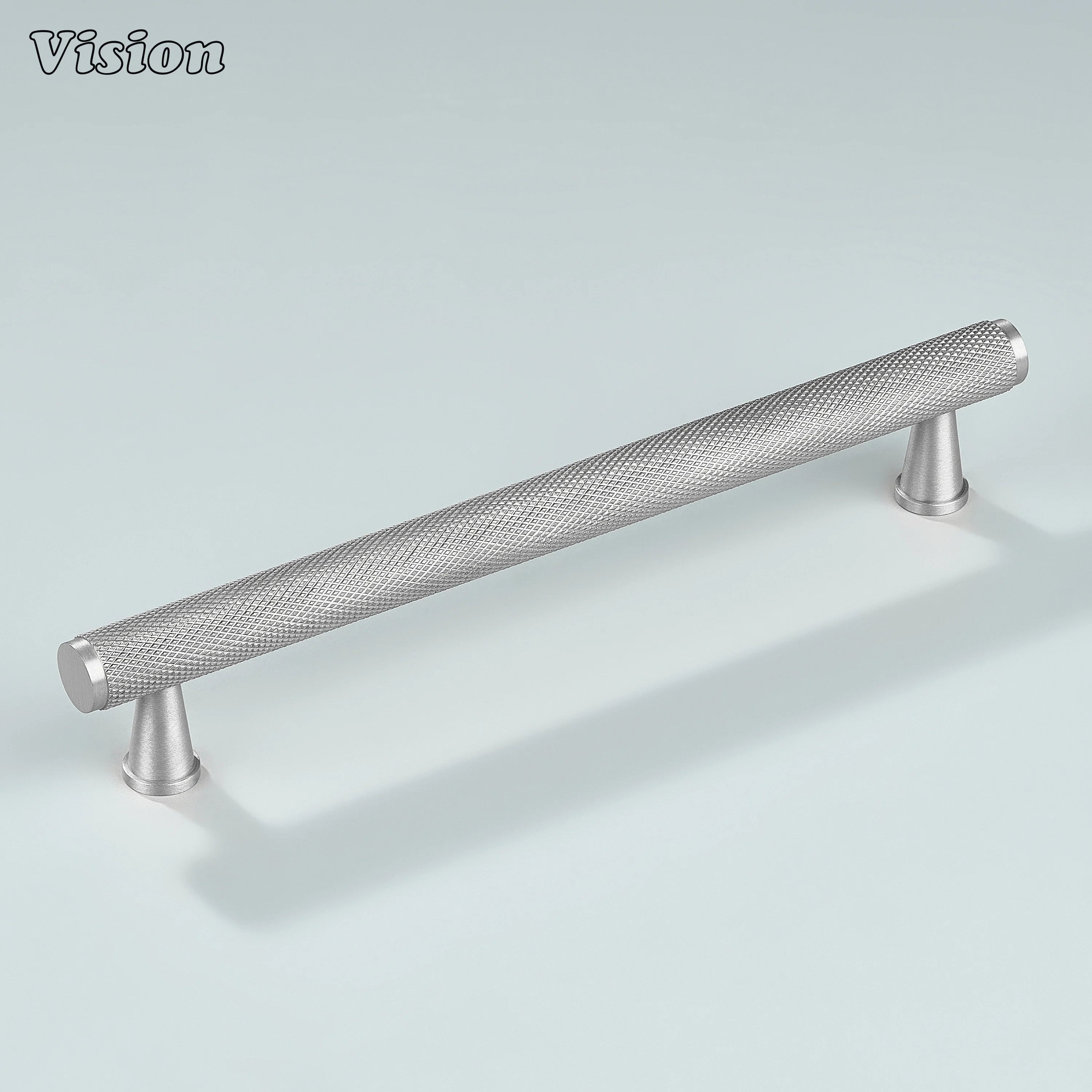 Silver cabinet handle used on closet cabinets.