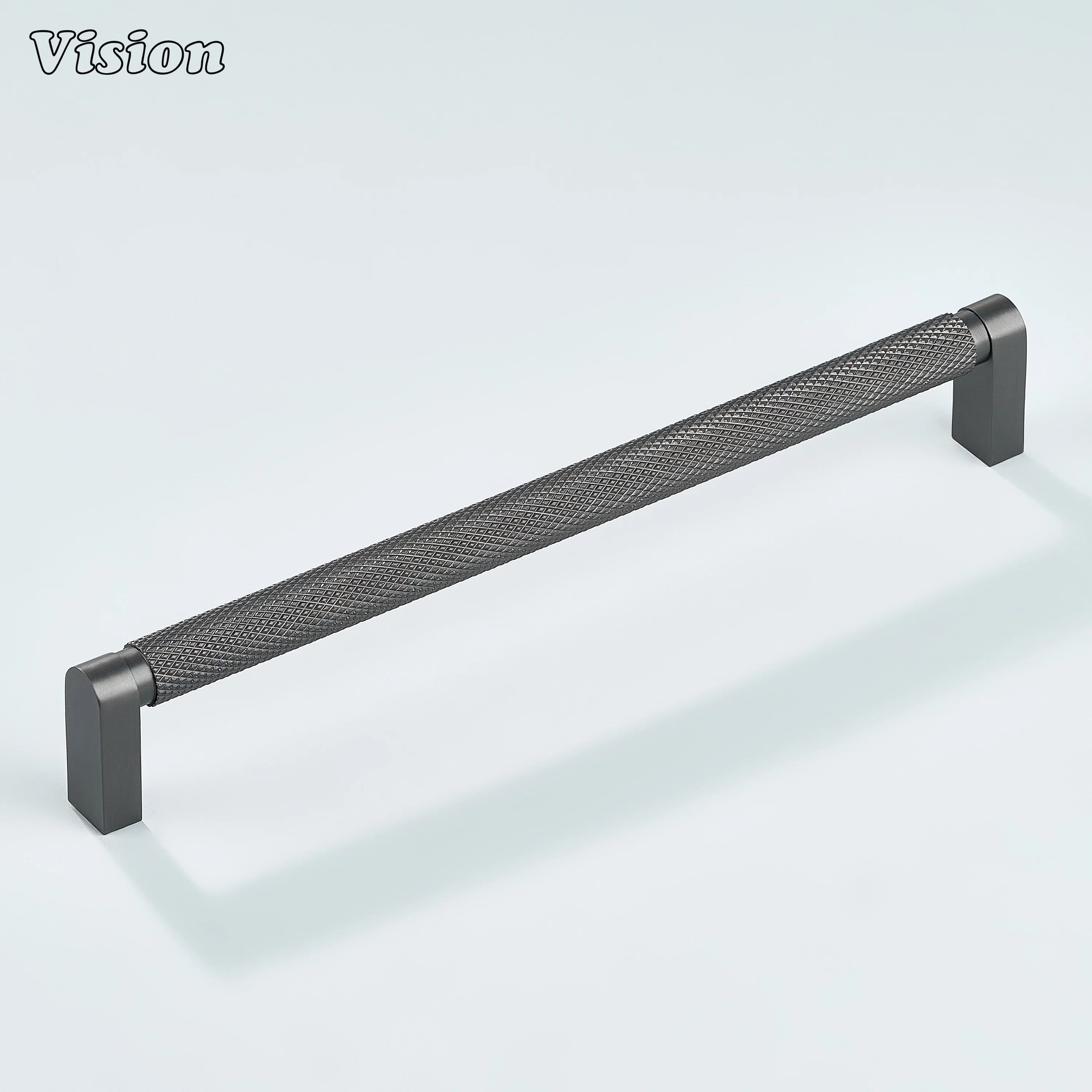 Gunmetal ripple knurled cabinet handle installed on bathroom cabinets.