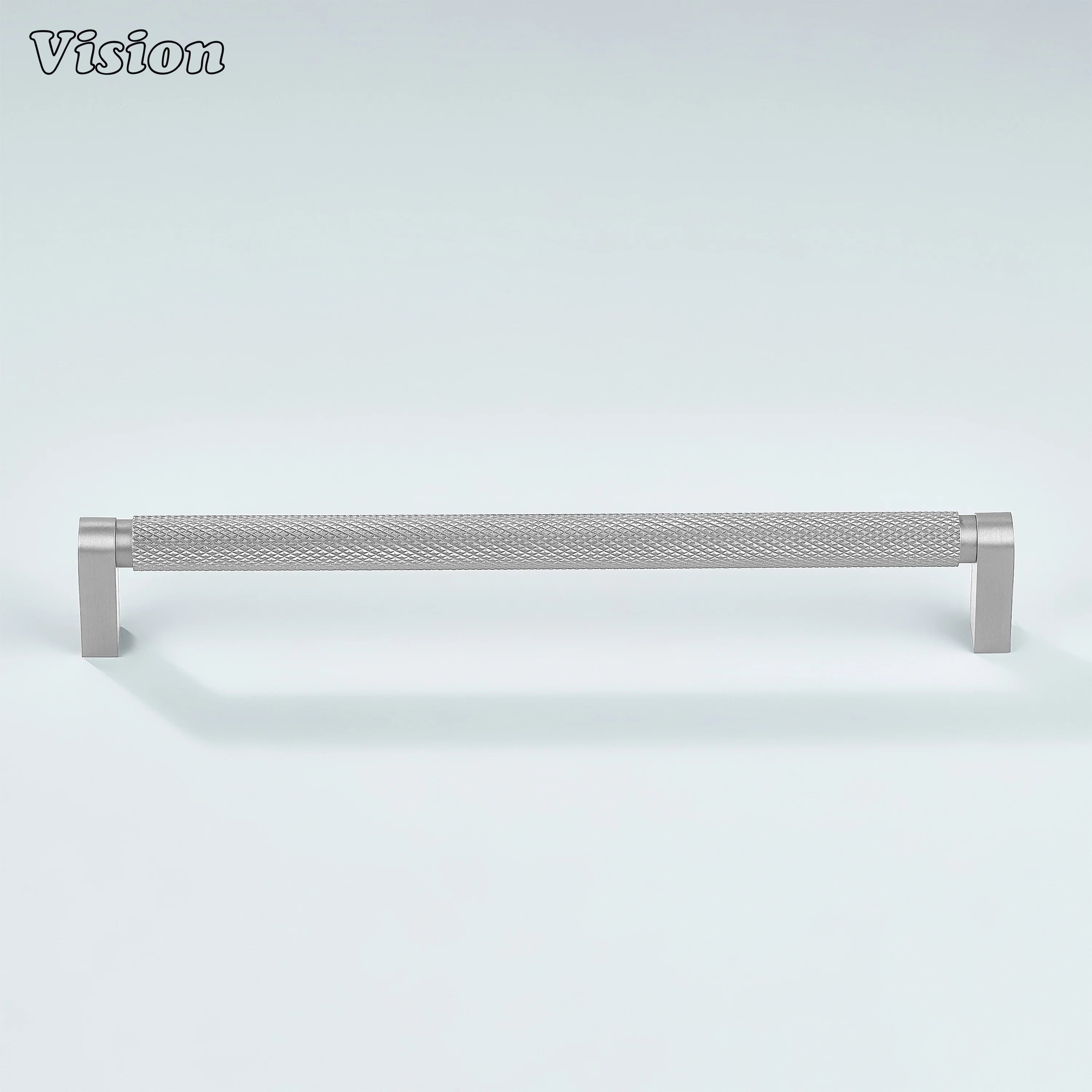 Silver ripple knurled cabinet handle installed on closet doors.