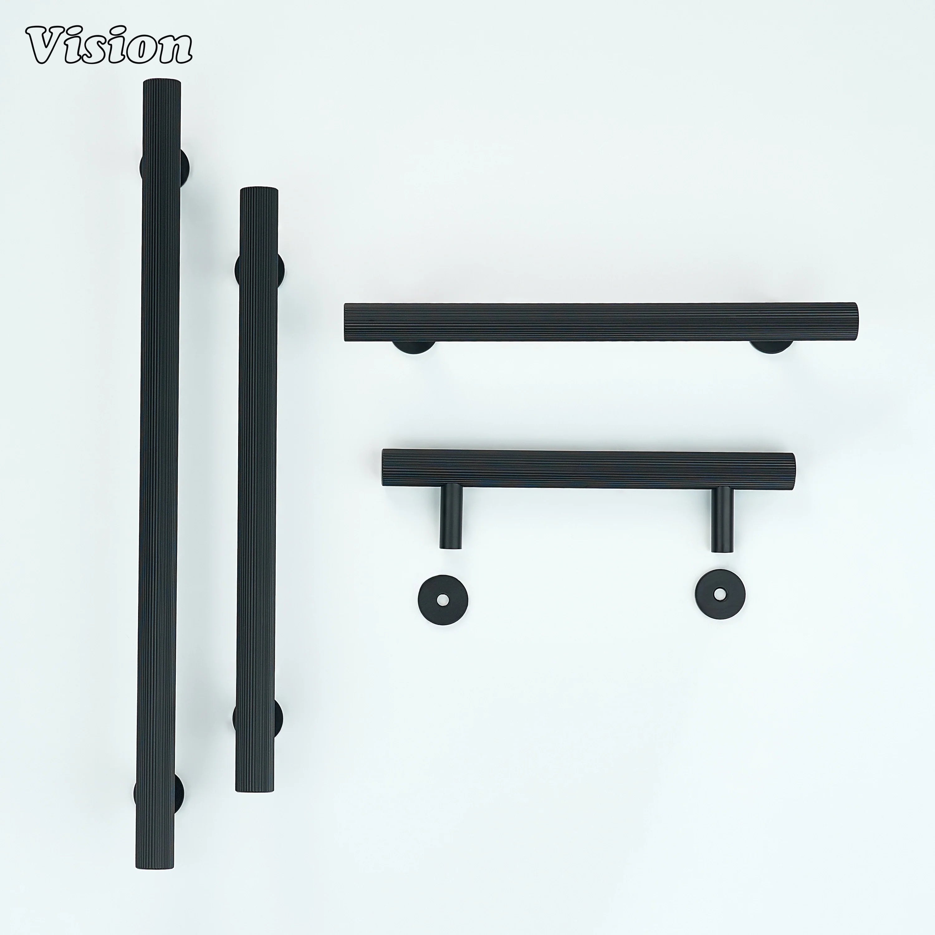 Black cabinet handle with textured grip and round base legs for drawers