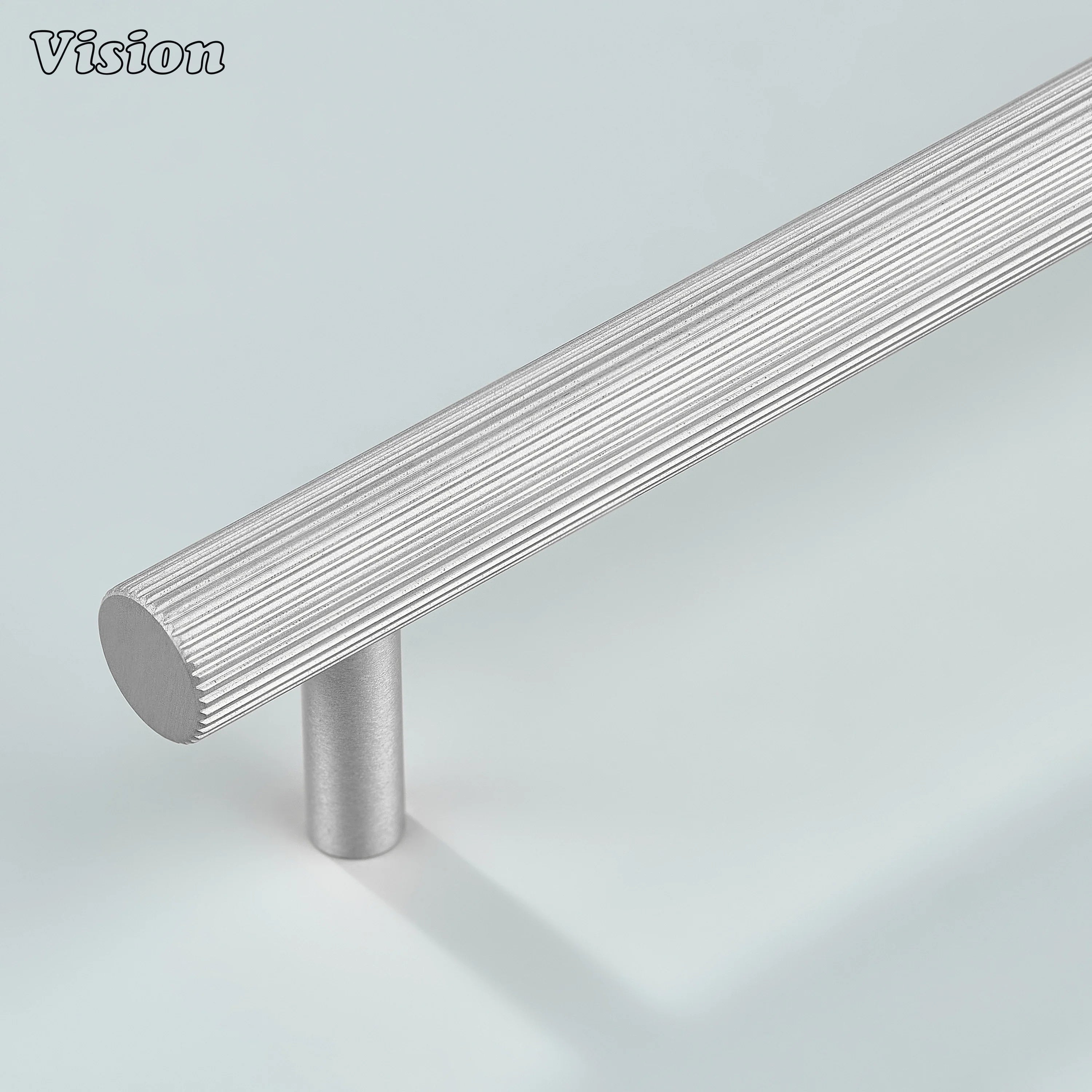 Silver linear knurled cabinet handle with full knurl bar for sleek kitchen cabinets.