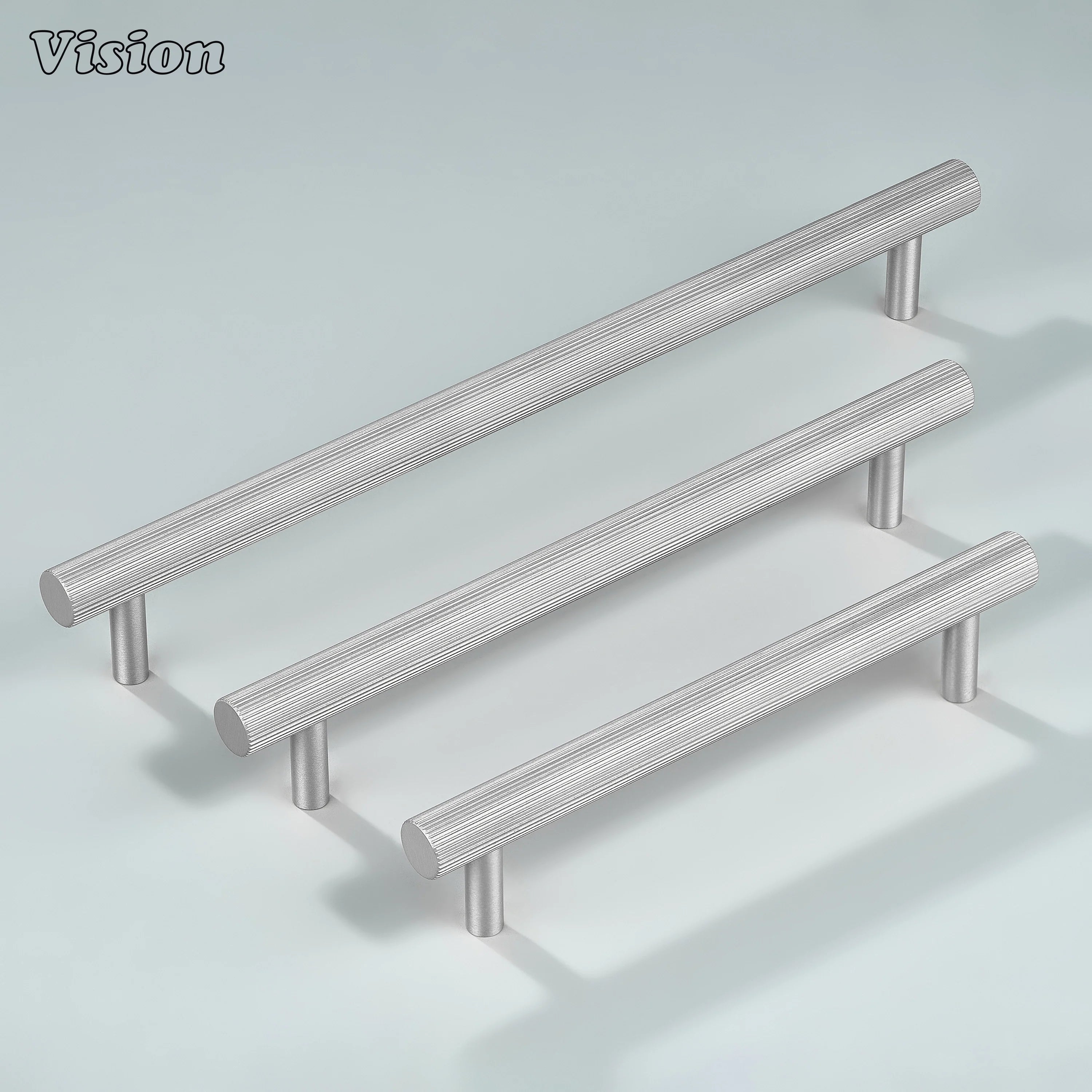 Silver textured linear knurled pull with cylindrical legs for wardrobes.