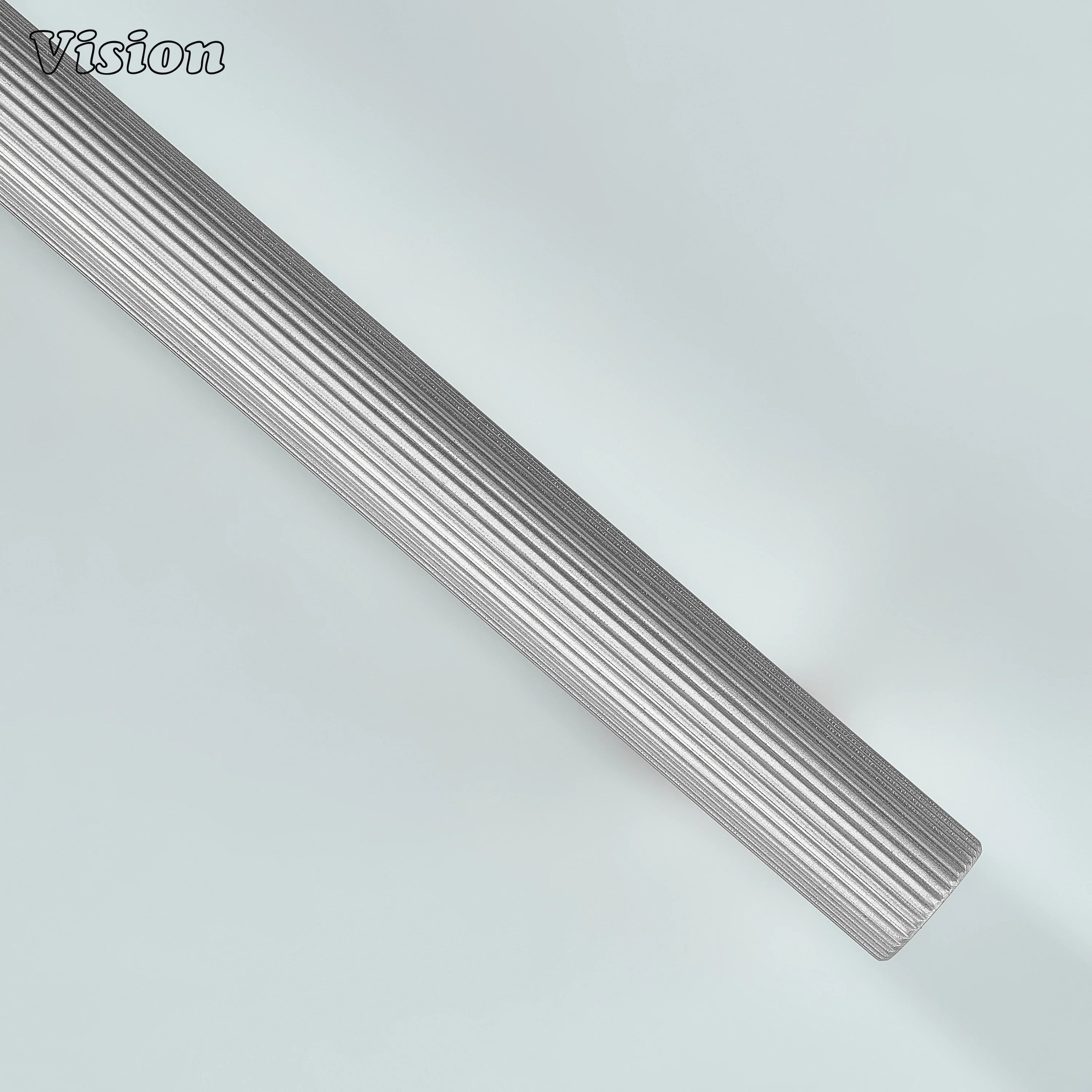 Silver knurled linear cabinet handle with modern profile for living room units.