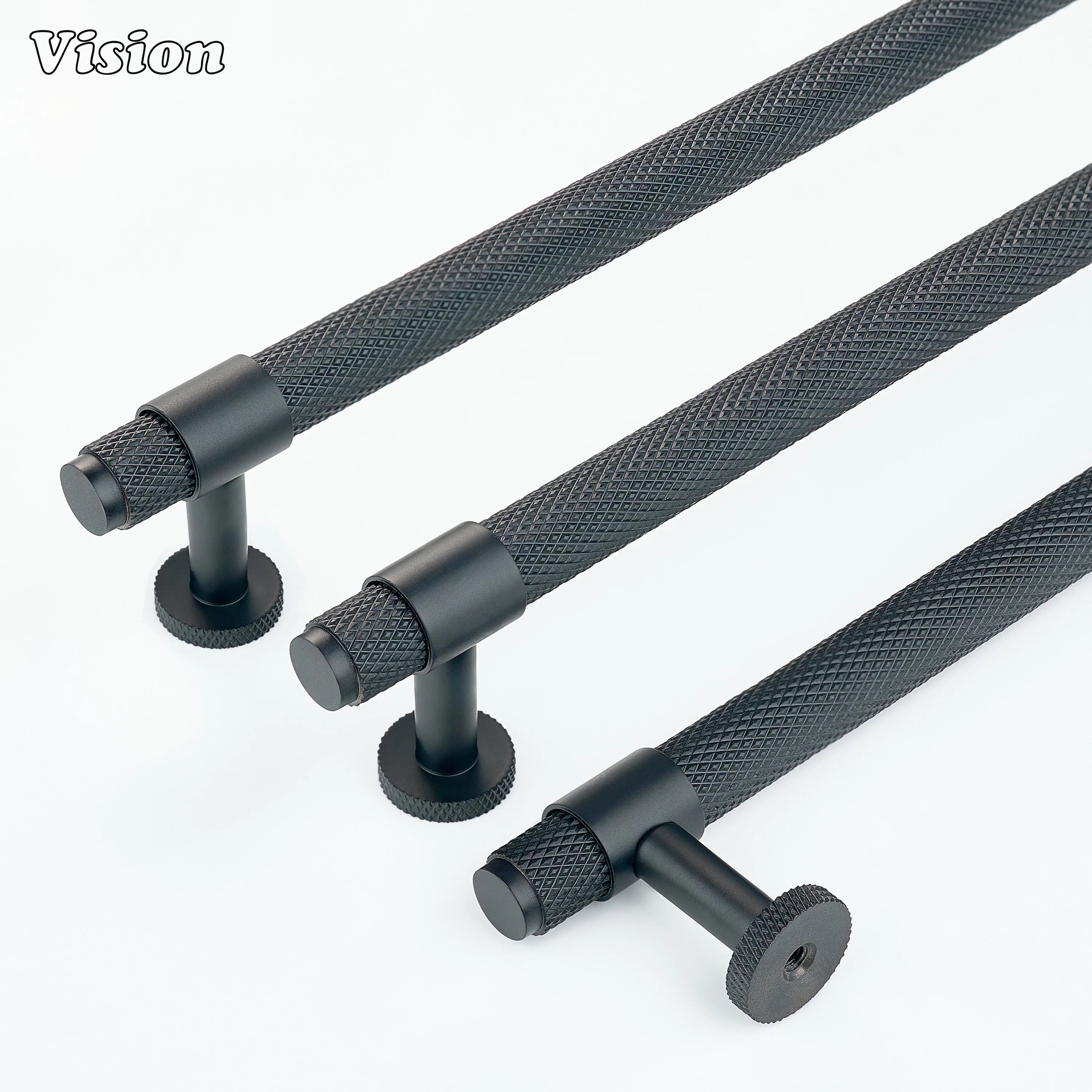 Black cabinet handle with textured grip and round legs for drawers