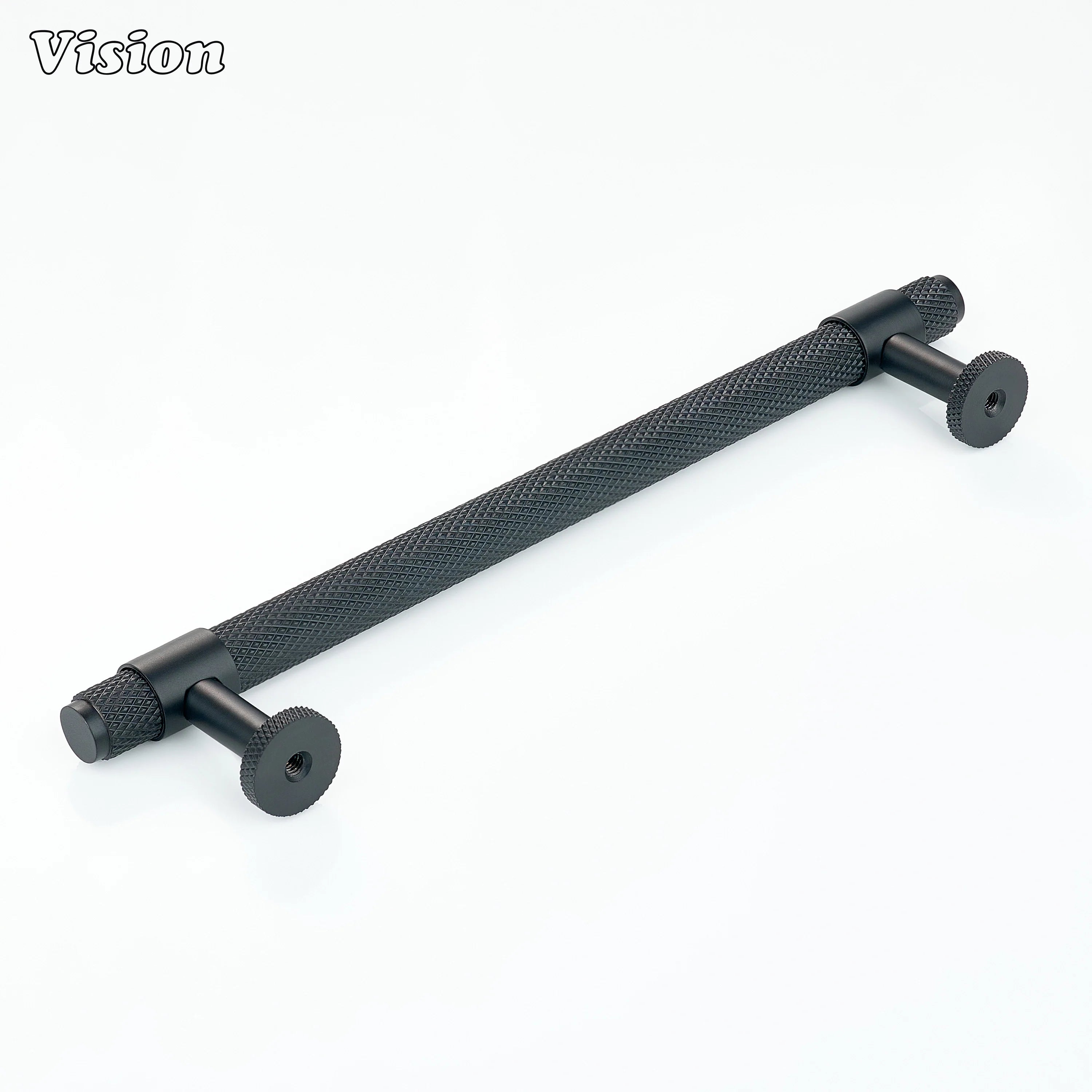 Black cabinet handle with linear knurled bar for wardrobes