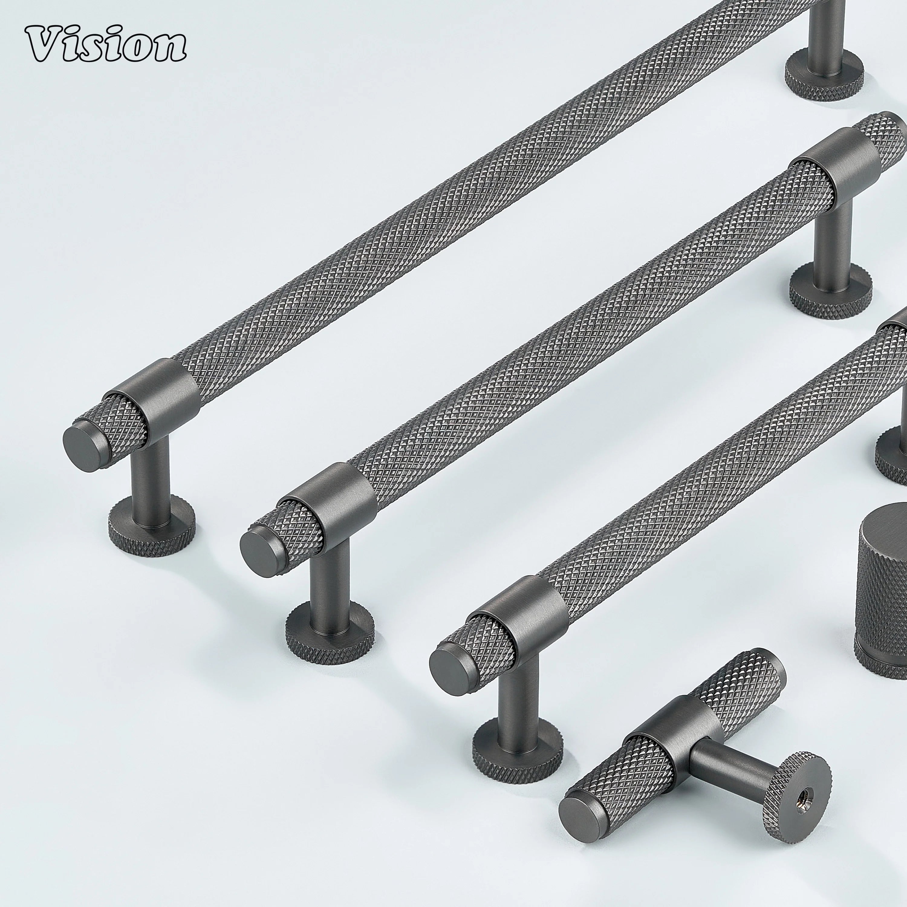 Modern gunmetal Azure knurled ringed handle used for dresser drawers