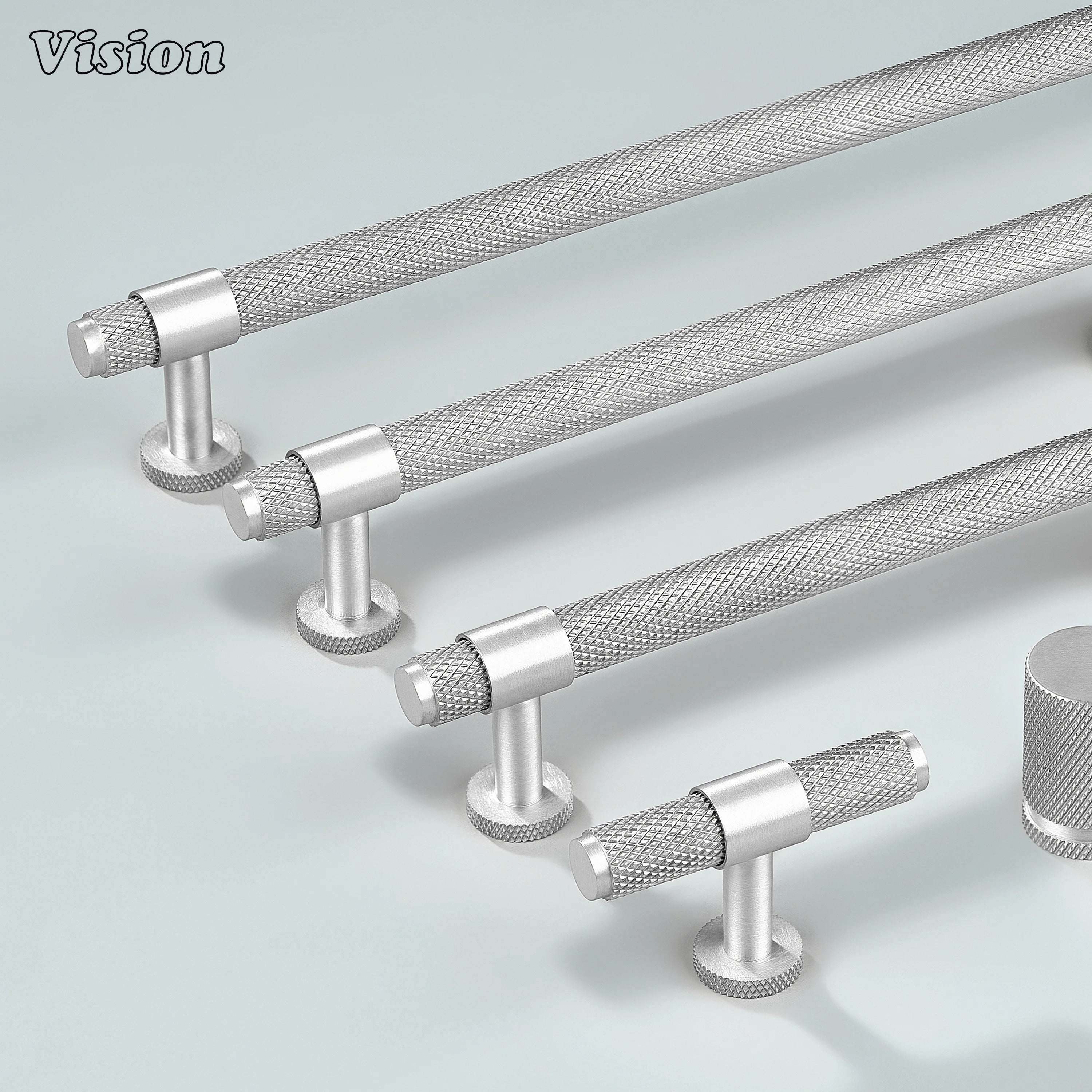 Modern silver Azure knurled ringed handle used for dresser drawers