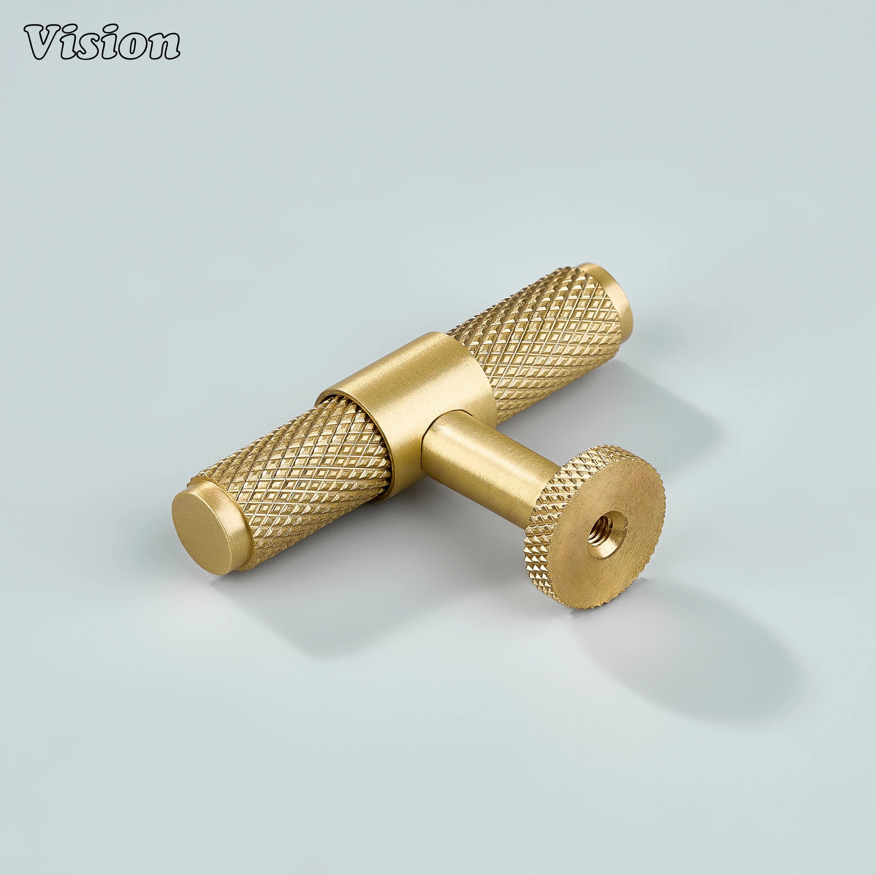 Gold linear knurled T-knob for dresser drawers.