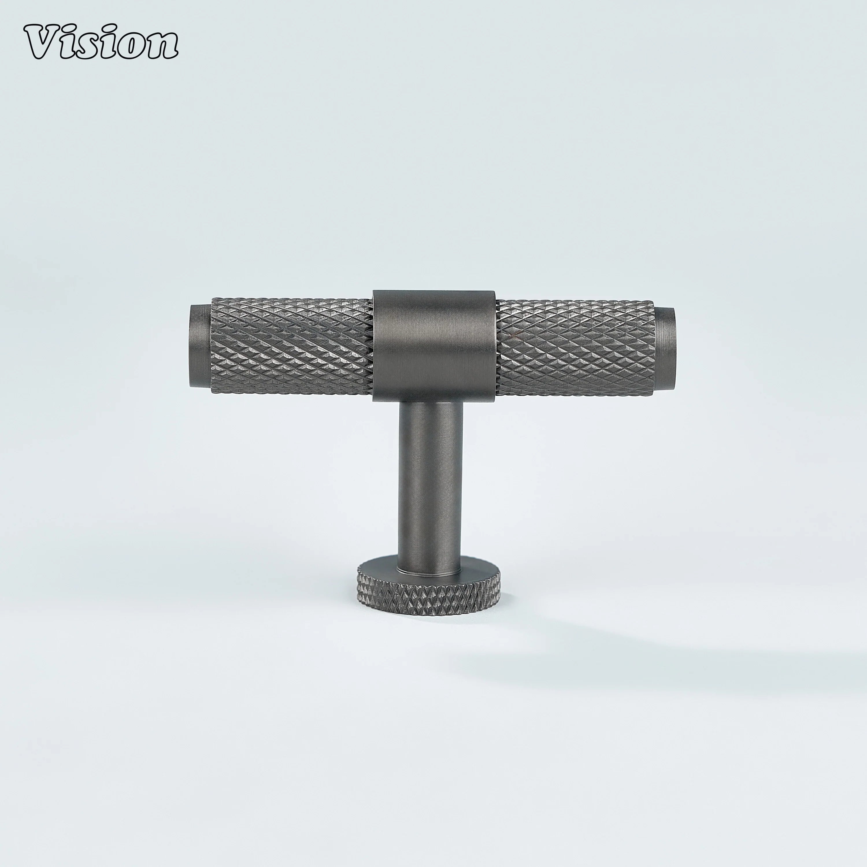 Sleek gunmetal brass T-knob with ringed texture for cupboards