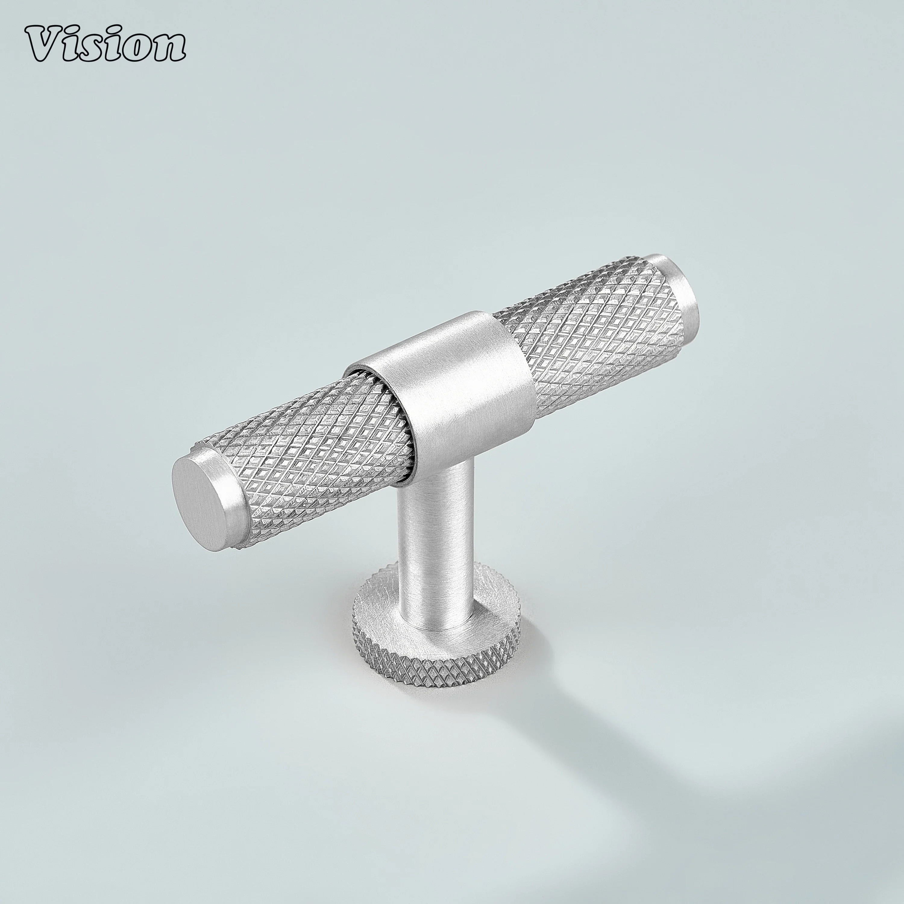 Modern silver Azure knurled brass T-knob for kitchen cabinets.