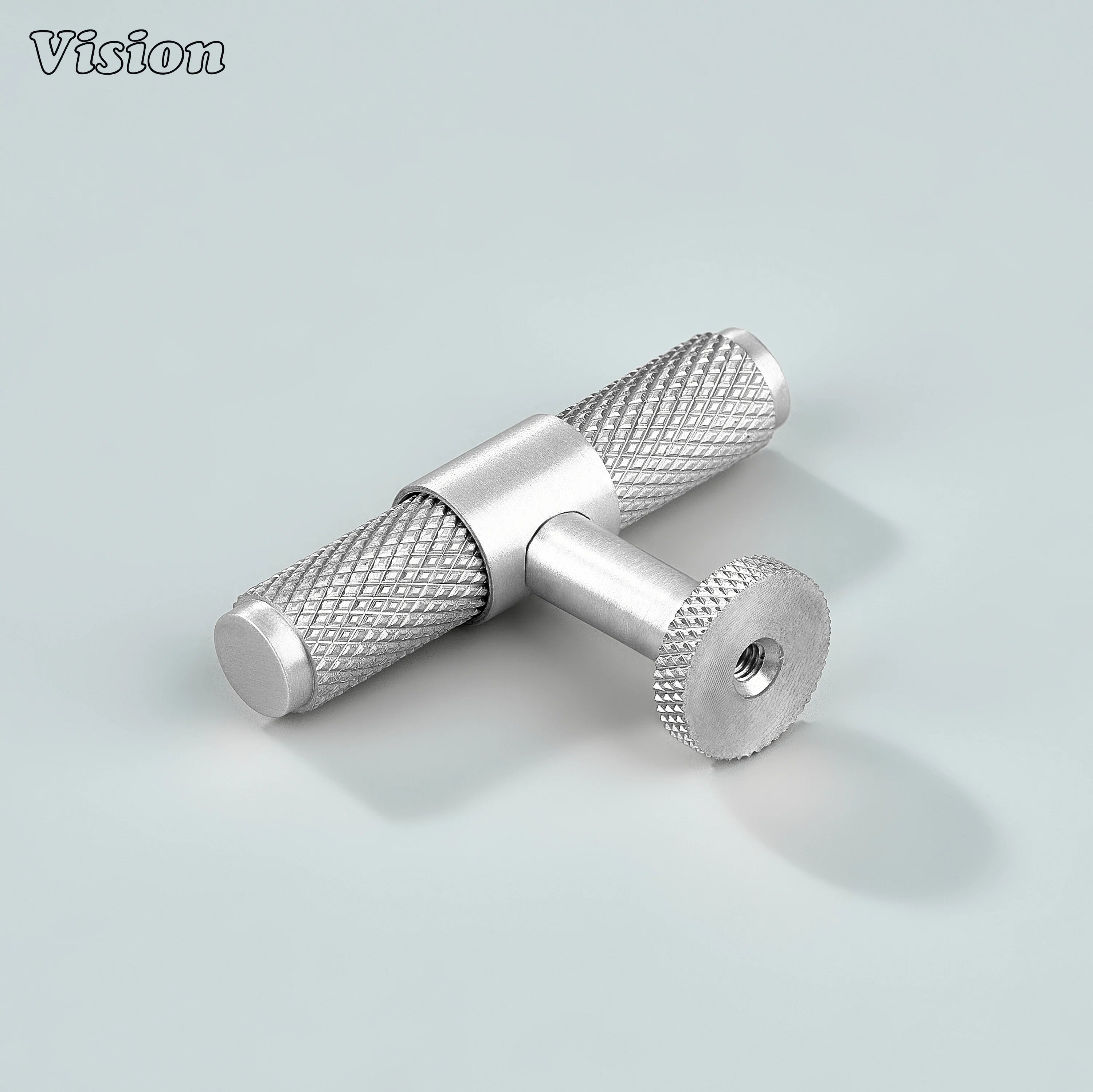 Silver linear knurled T-knob for dresser drawers.