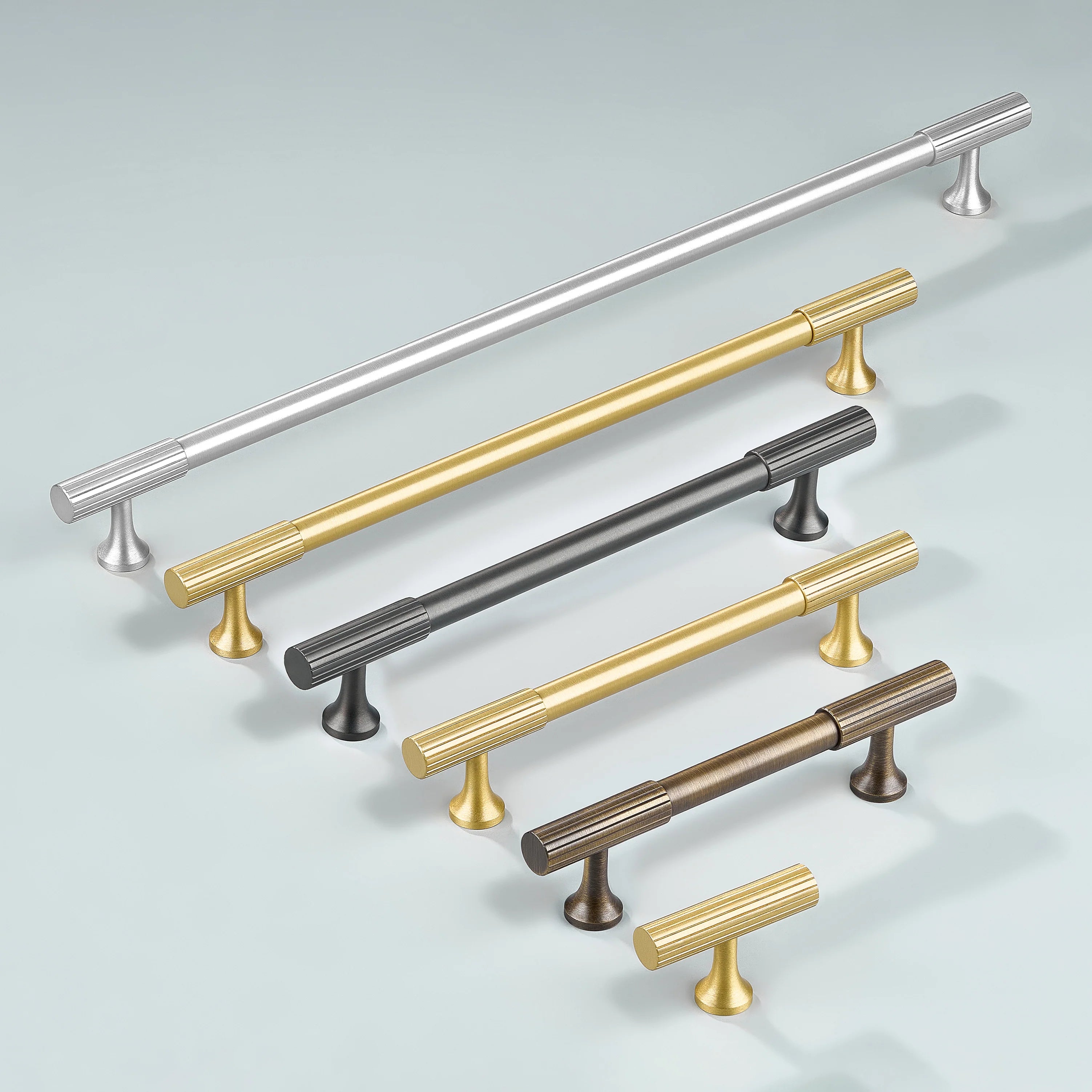 Linear Knurled Cabinet Handle in silver, gold, gunmetal and antique bronze finishes in various sizes along with cabinet knob in gold finish