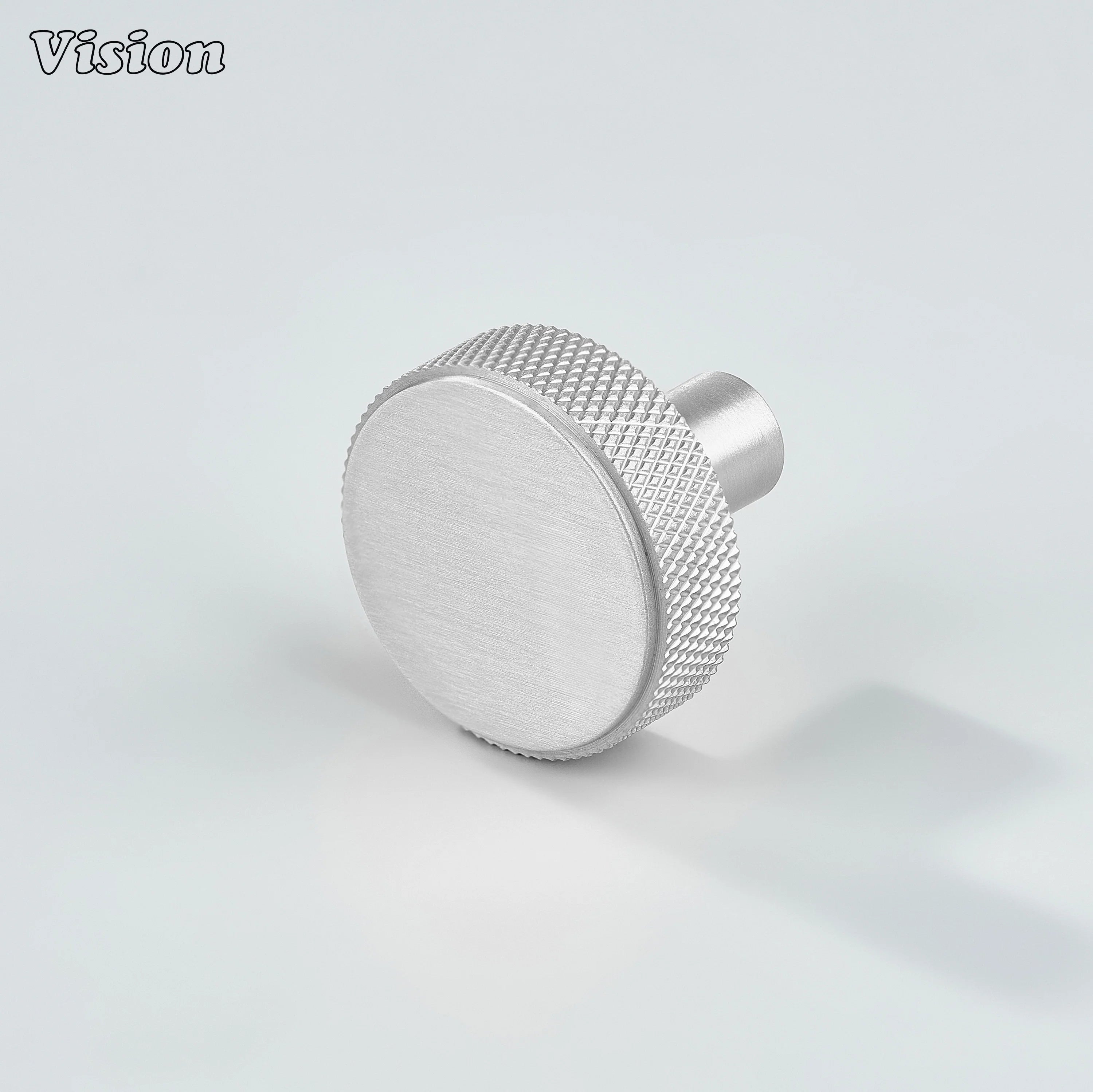 Silver cabinet knob with round knurled profile and cylindrical leg