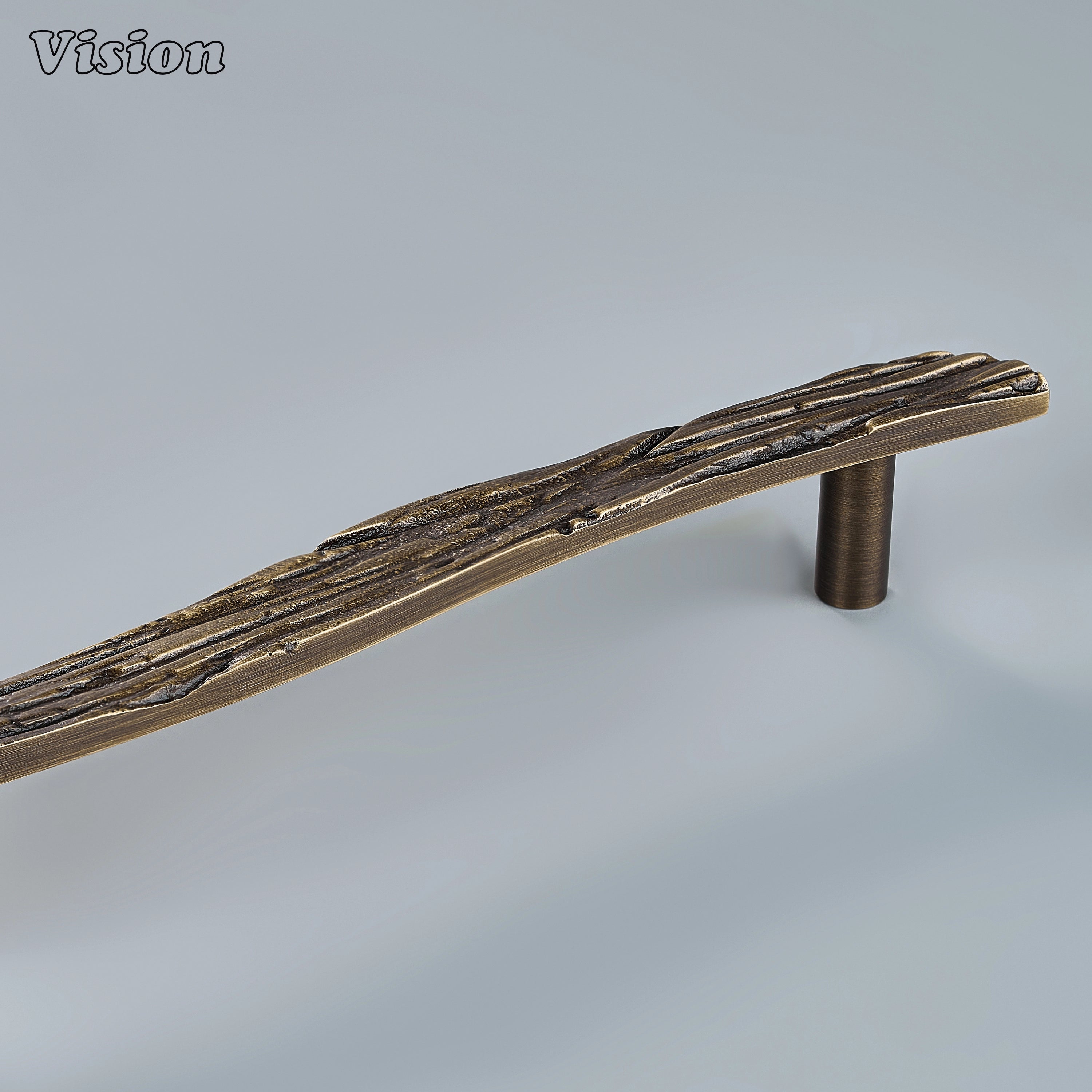 Premium antique bronze sculpted brass cabinet pull with round mounting posts on bathroom vanities