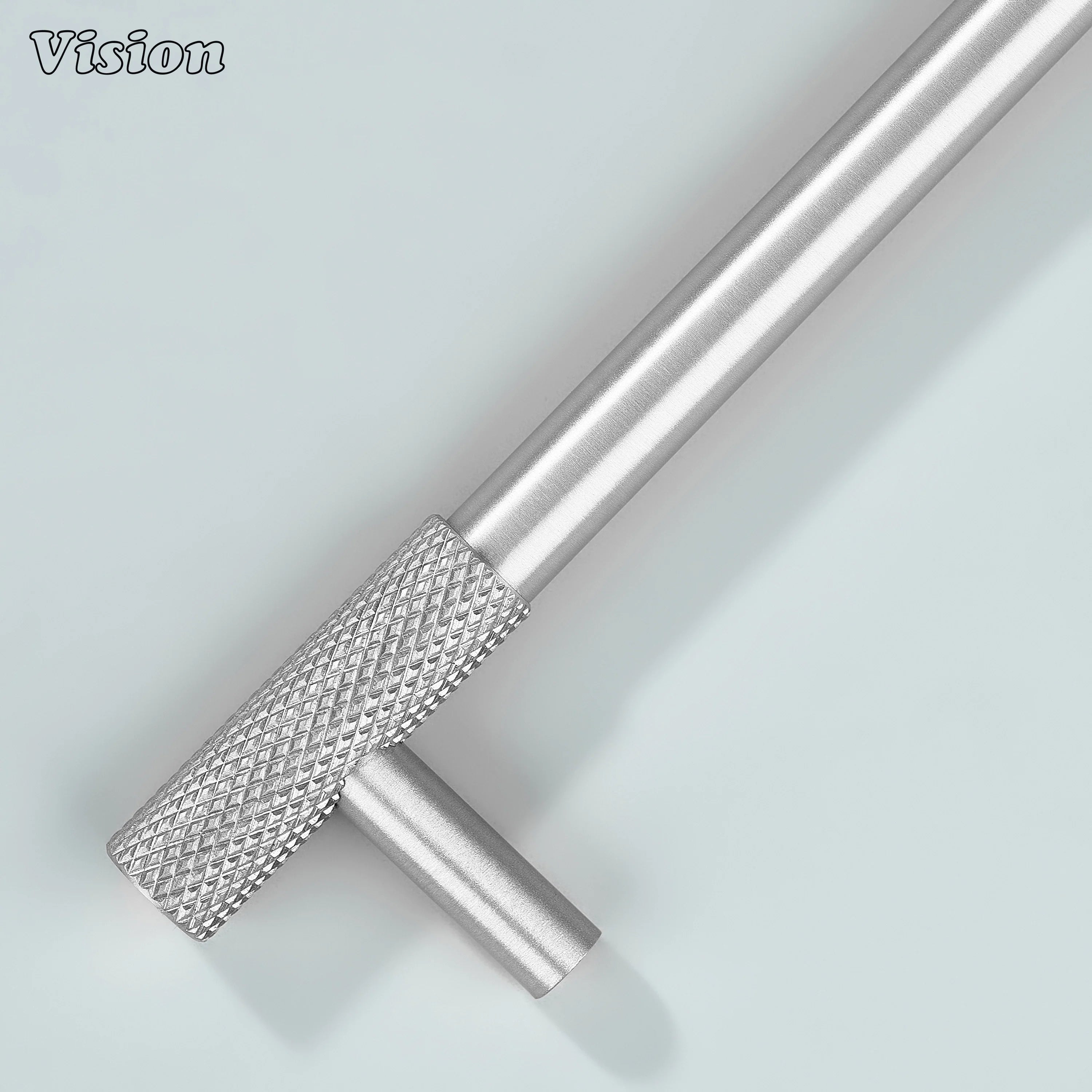 Contemporary Silver knurled cabinet pull in brass