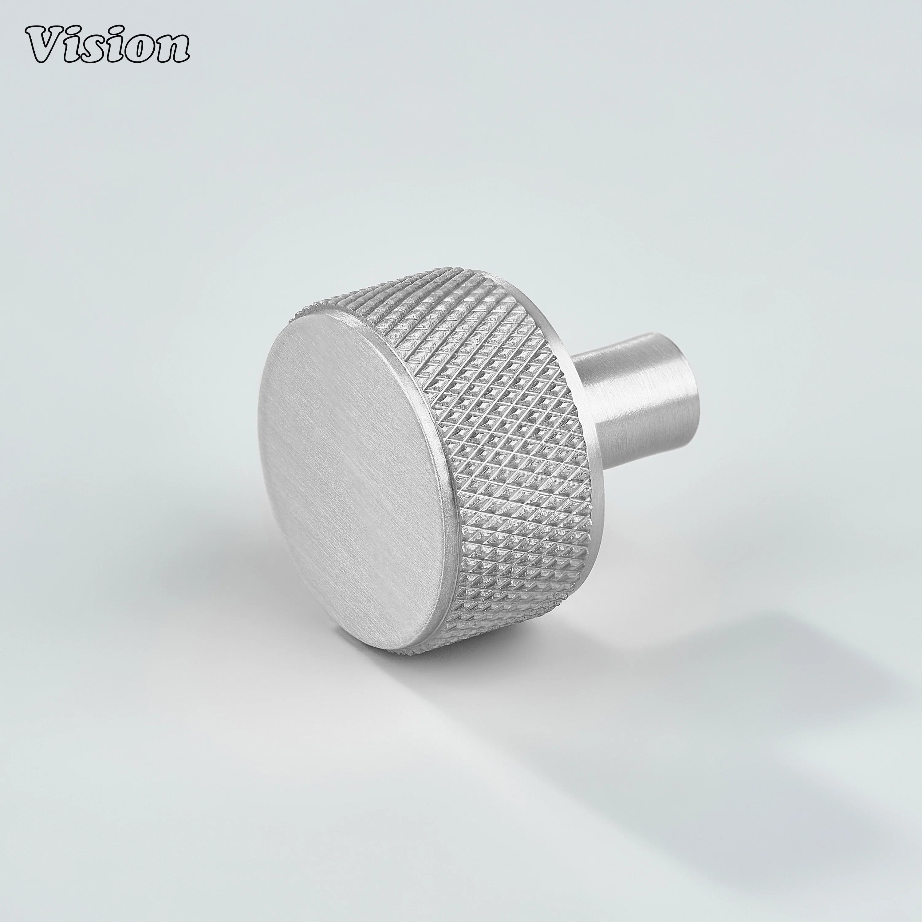 Silver cabinet knob with round knurled grip and cylinder leg for kitchen cabinets