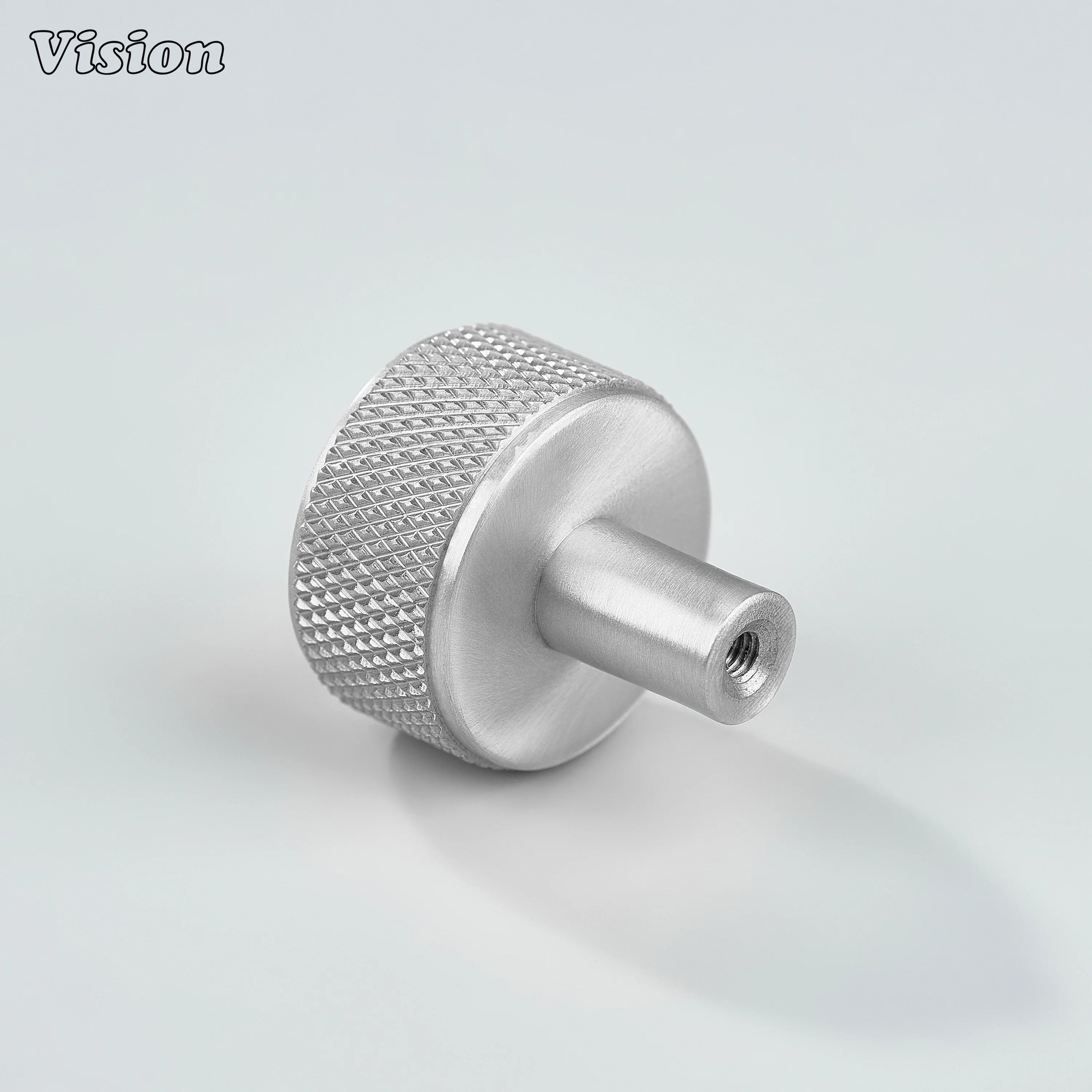 Silver cabinet knob with solid round top and cylindrical stem for wardrobes