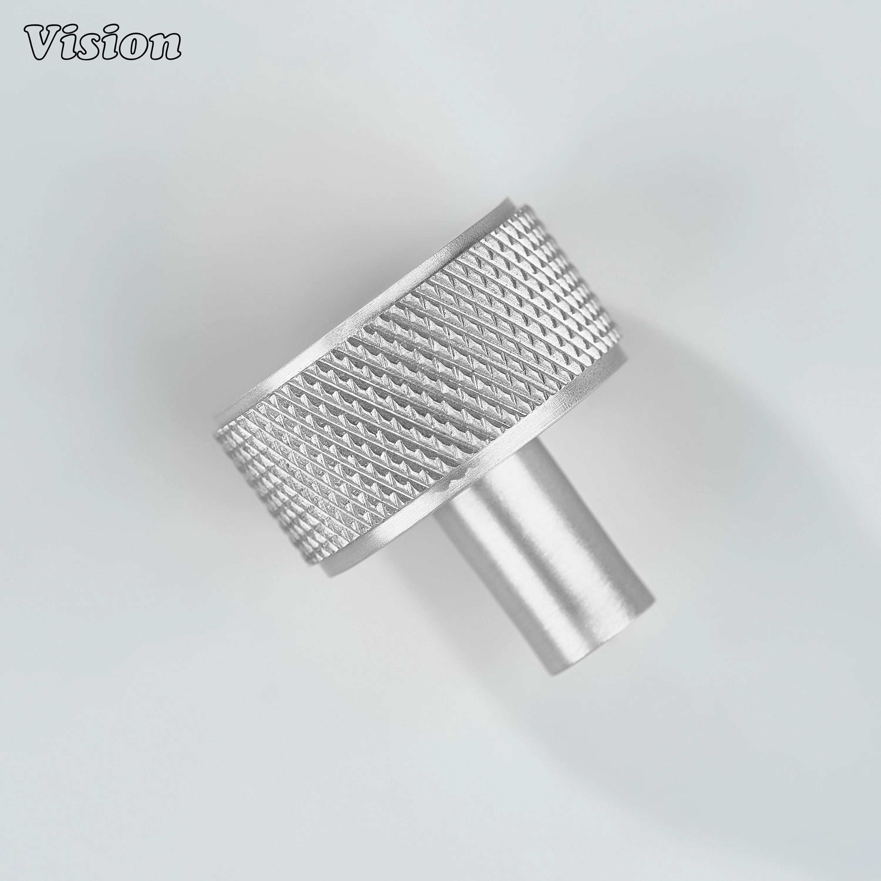 Silver cabinet knob with solid round form and cylinder base for storage units