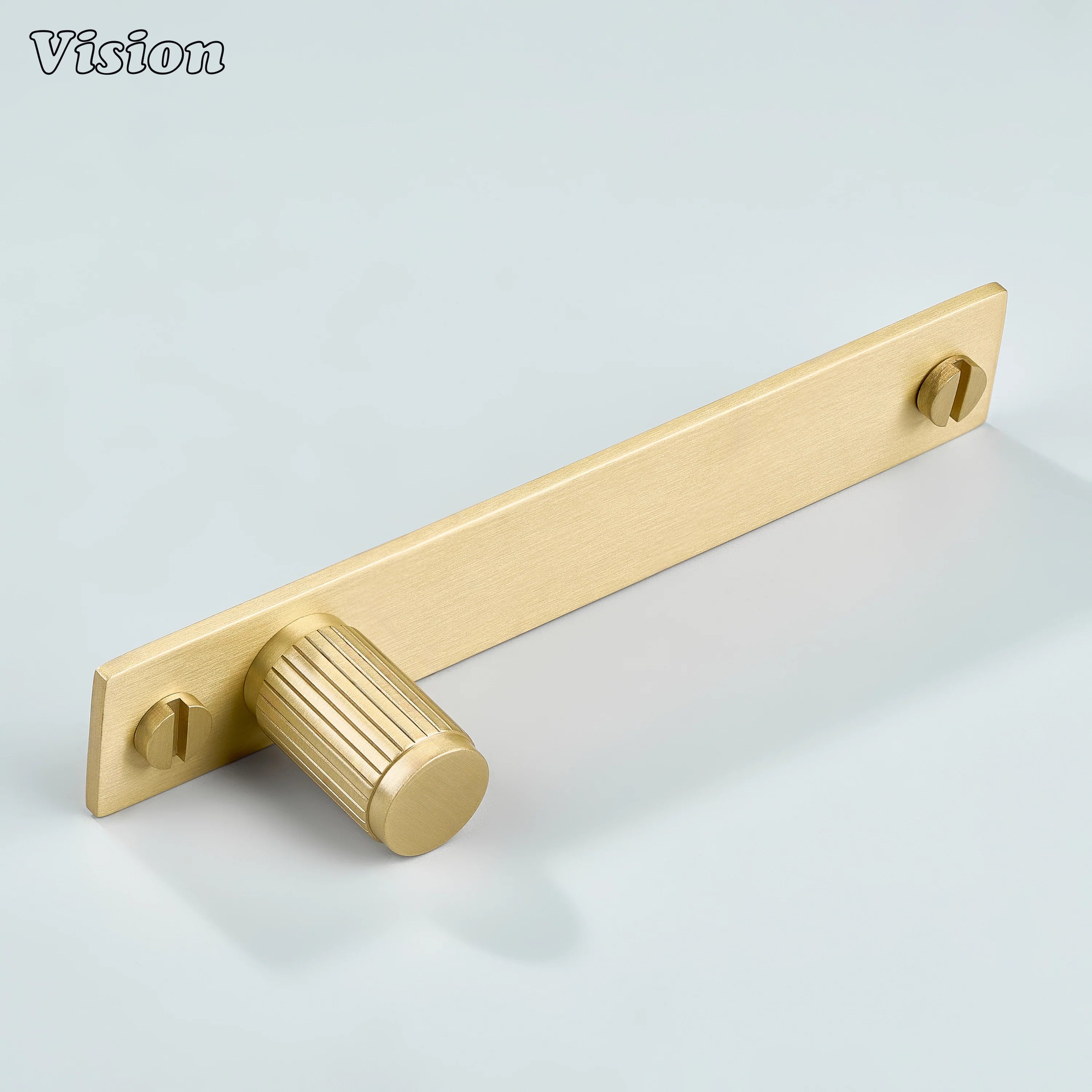 Cylindrical Gold brass cabinet knob mounted on rectangular backplate for wardrobes