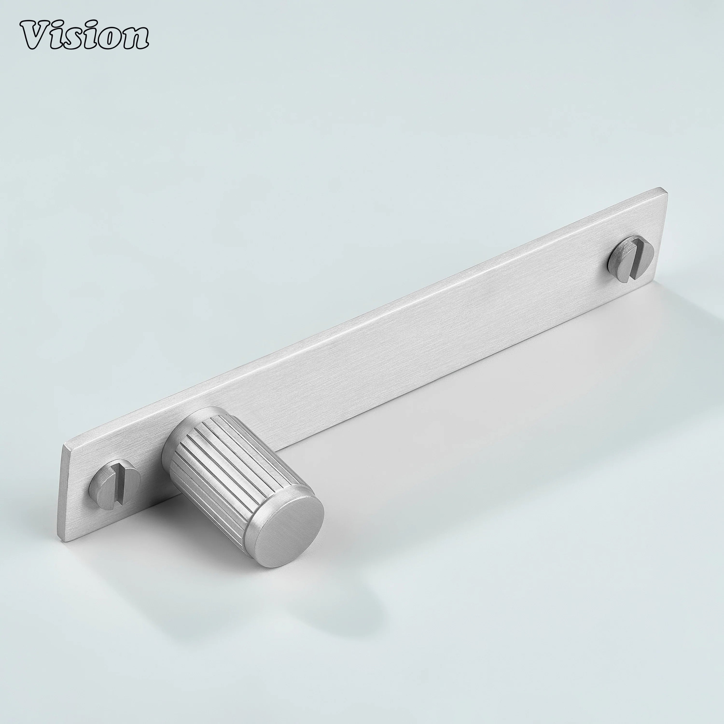 Cylindrical Silver brass cabinet knob mounted on rectangular backplate for wardrobes