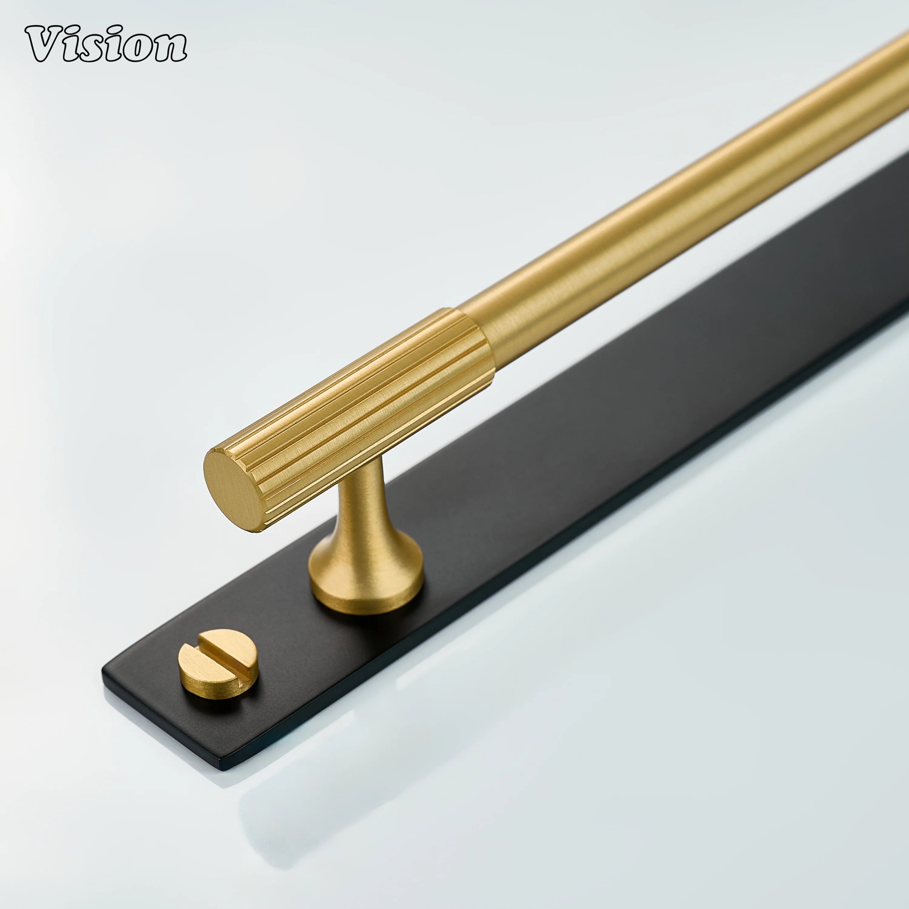 Gold and Black cabinet handle with linear knurled bar and black backplate for kitchen cabinets