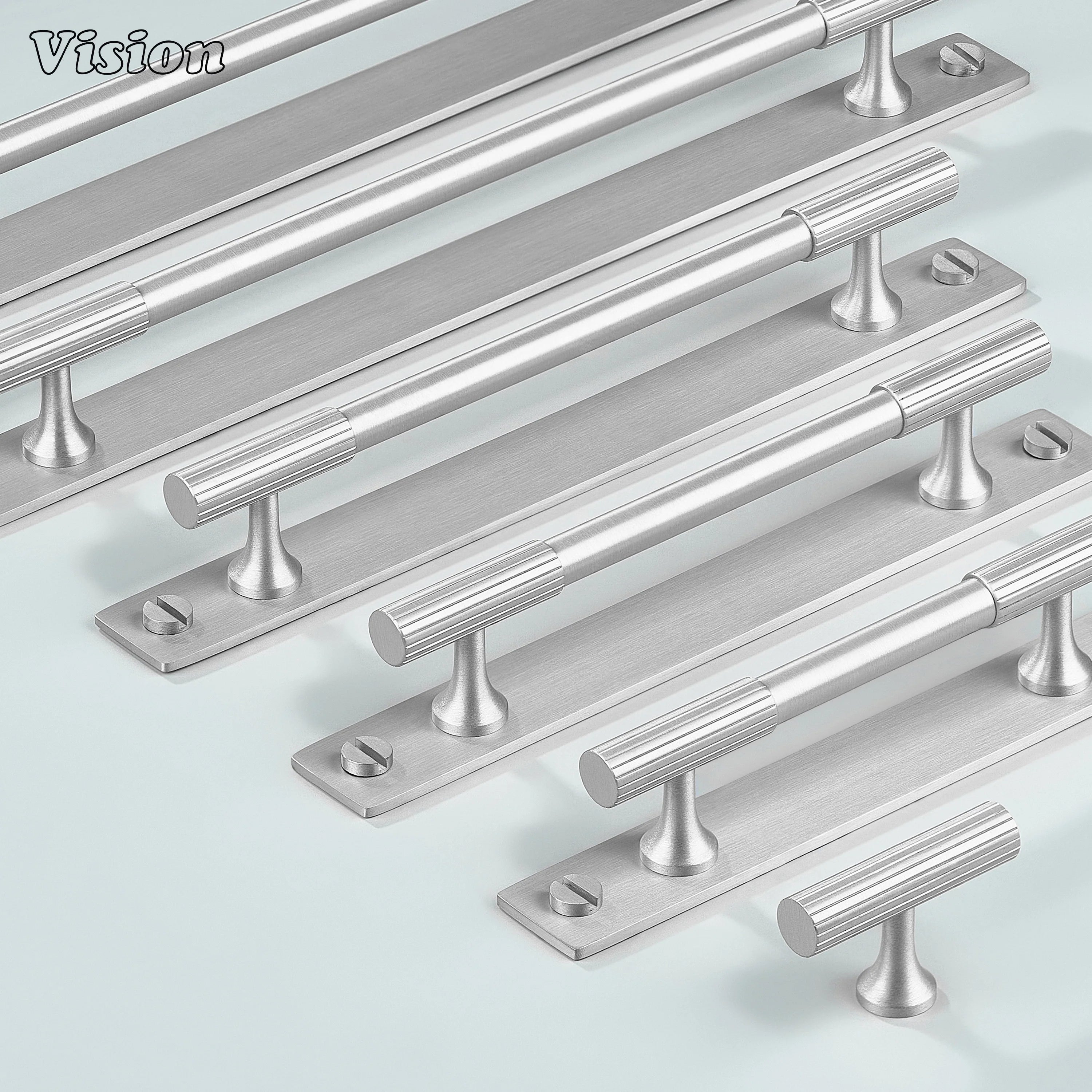 Silver cabinet handle featuring slim bar design with backplate for drawers
