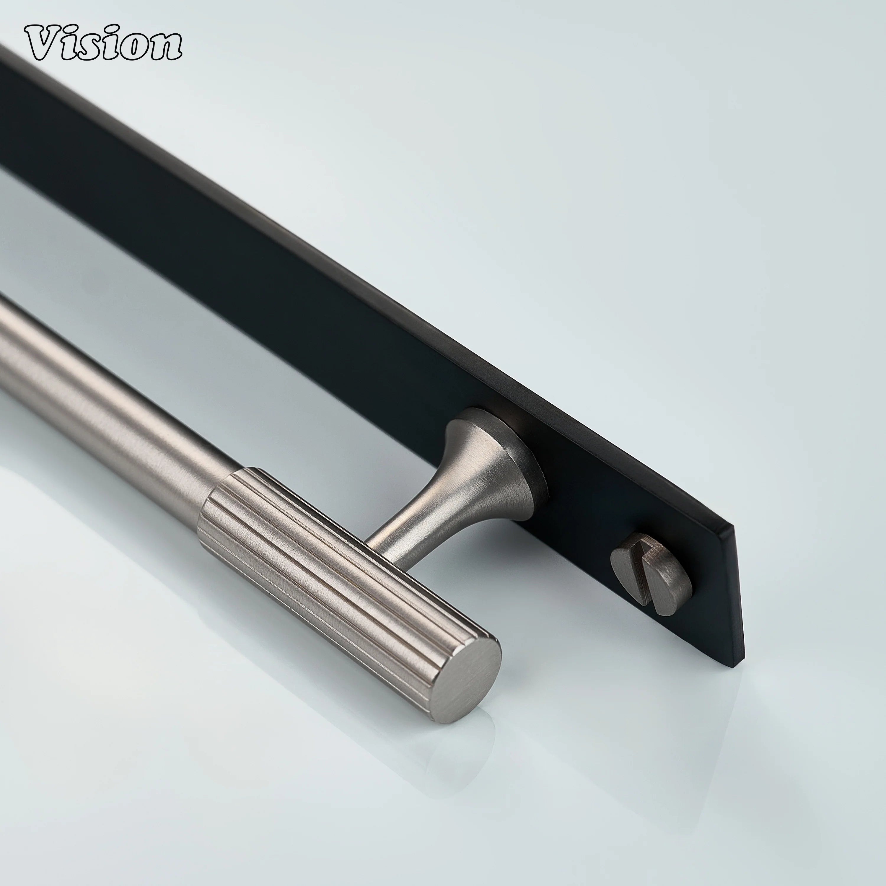 Silver and Black cabinet handle with linear profile and black backplate