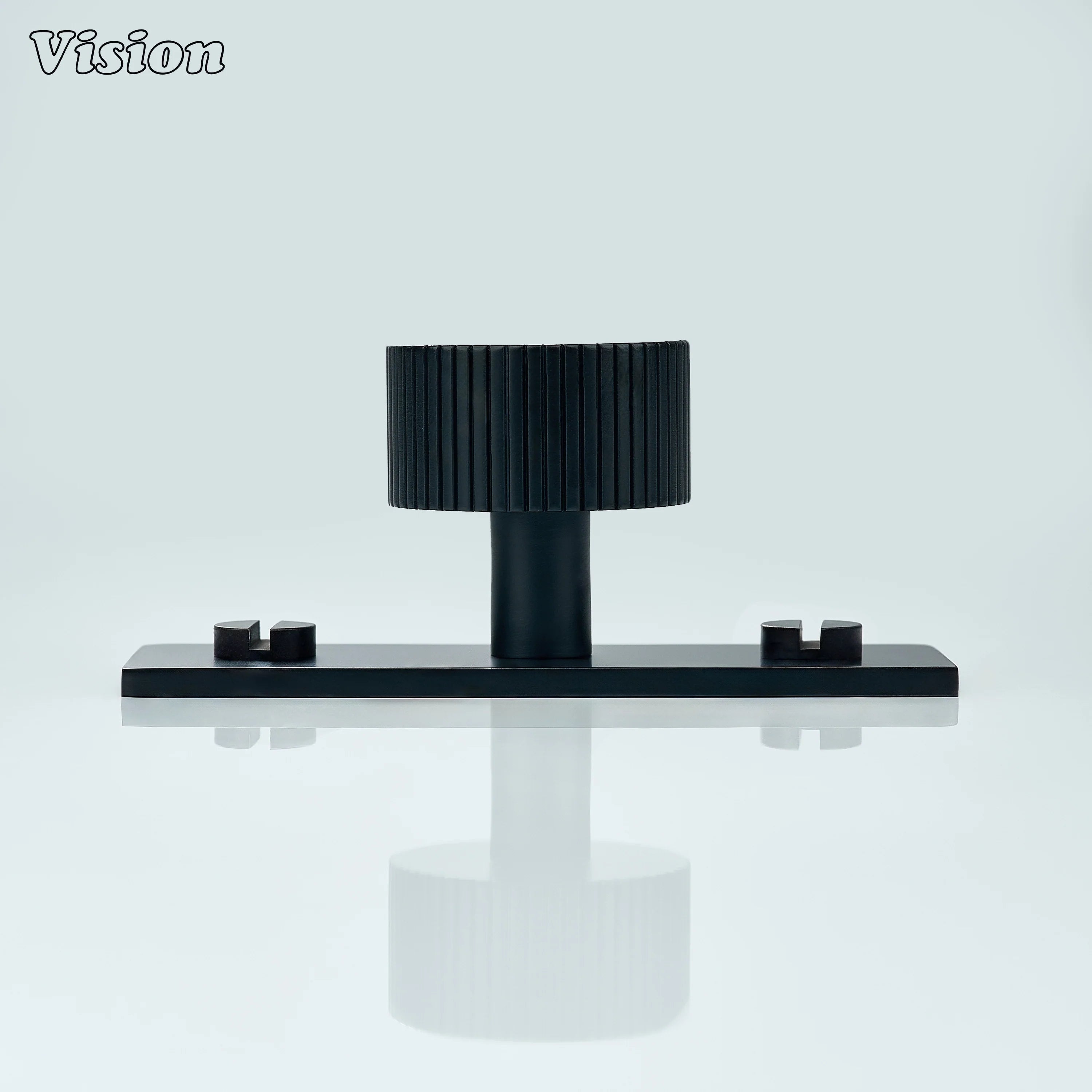 Black round cabinet knob with linear knurling and backplate for kitchens