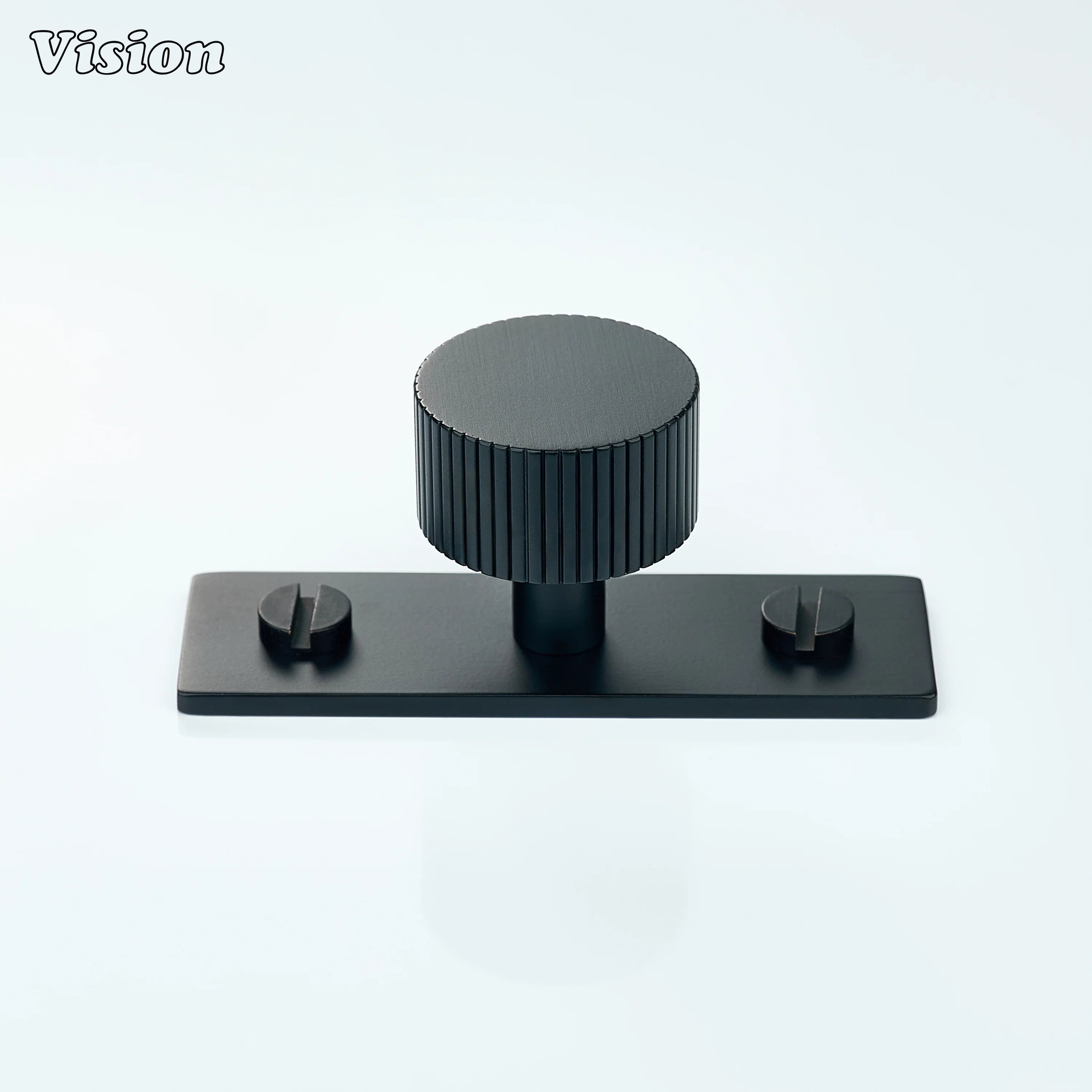 Black knurled cabinet knob with round head and backplate for furniture doors