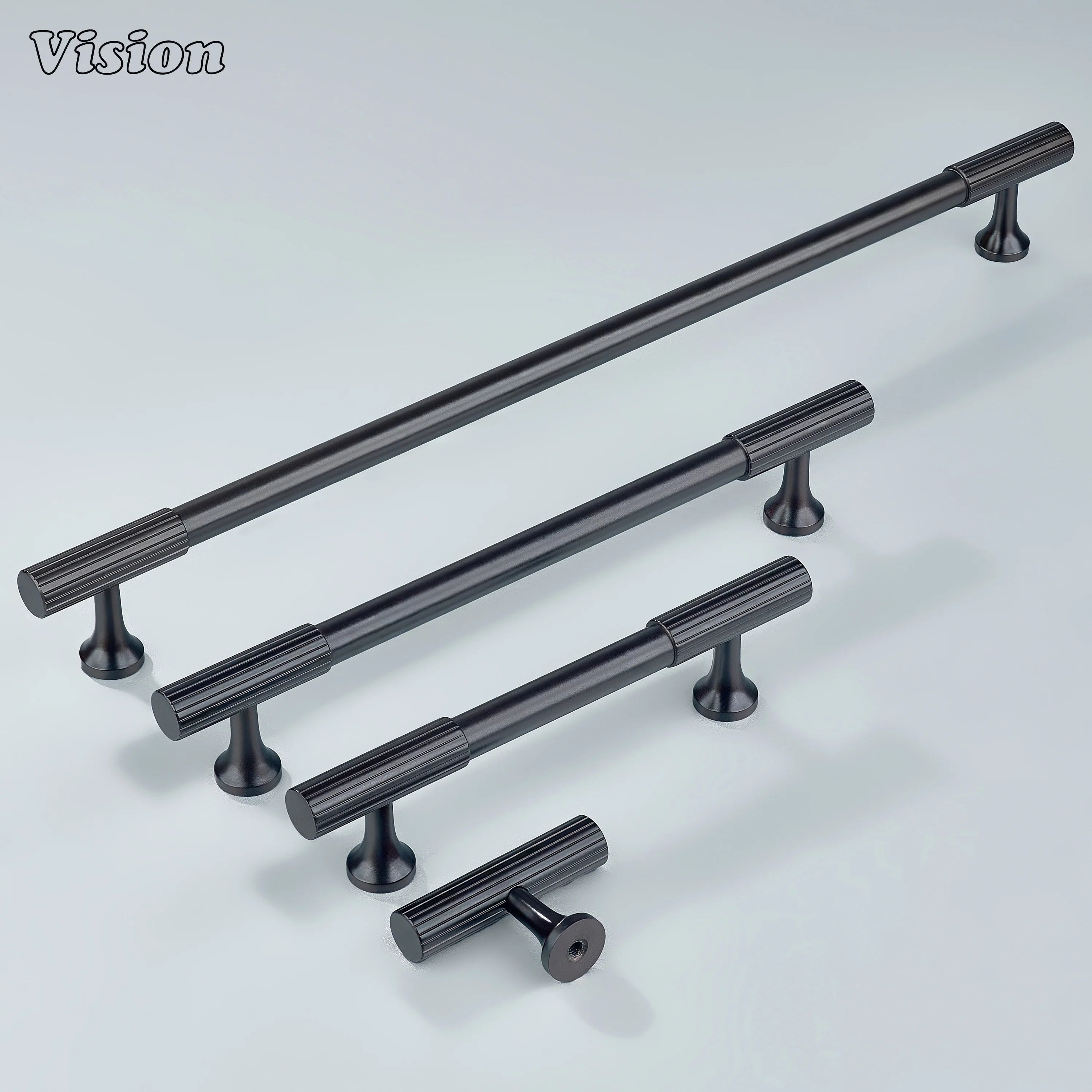 Solid brass cabinet handle in oil rubbed bronze with textured knurled ends.