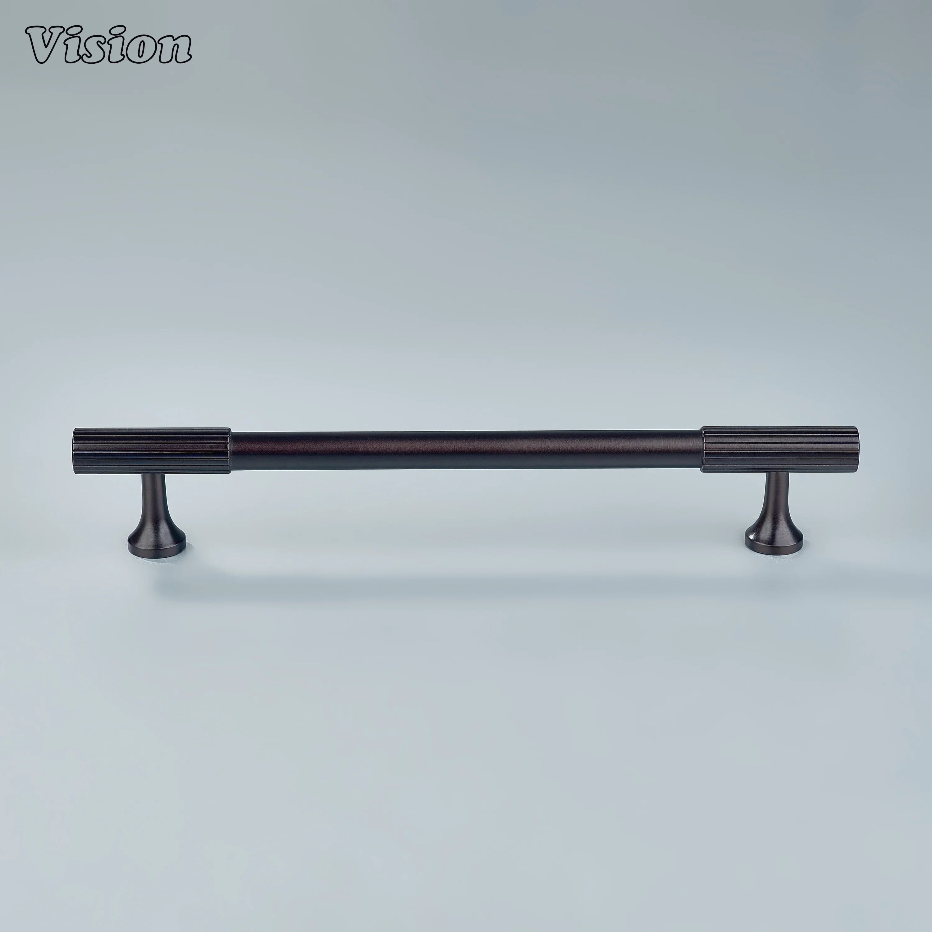 Elegant oil rubbed bronze cabinet pull with smooth body and knurled detailing.