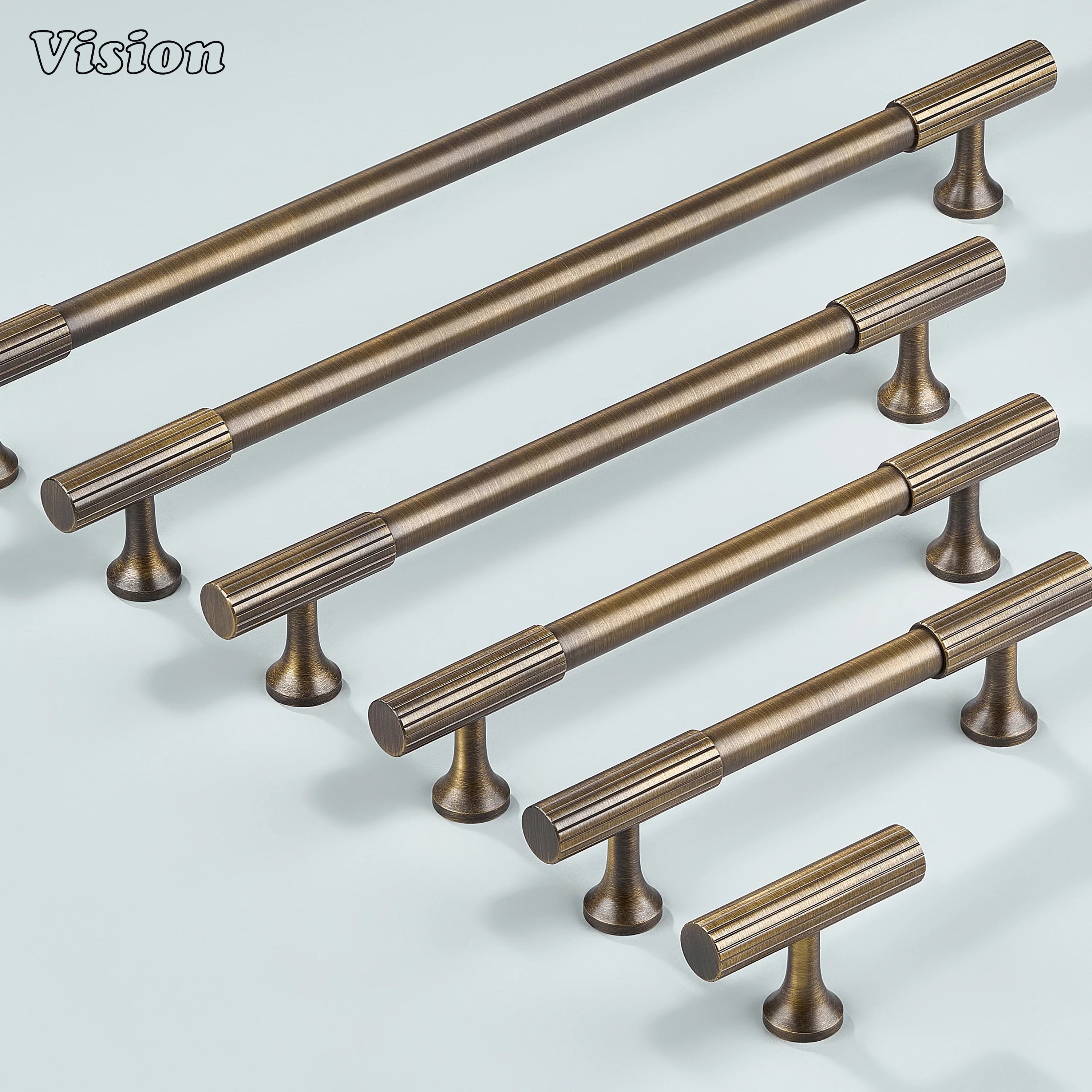 Vintage-style antique bronze cabinet pull with linear knurling accents.