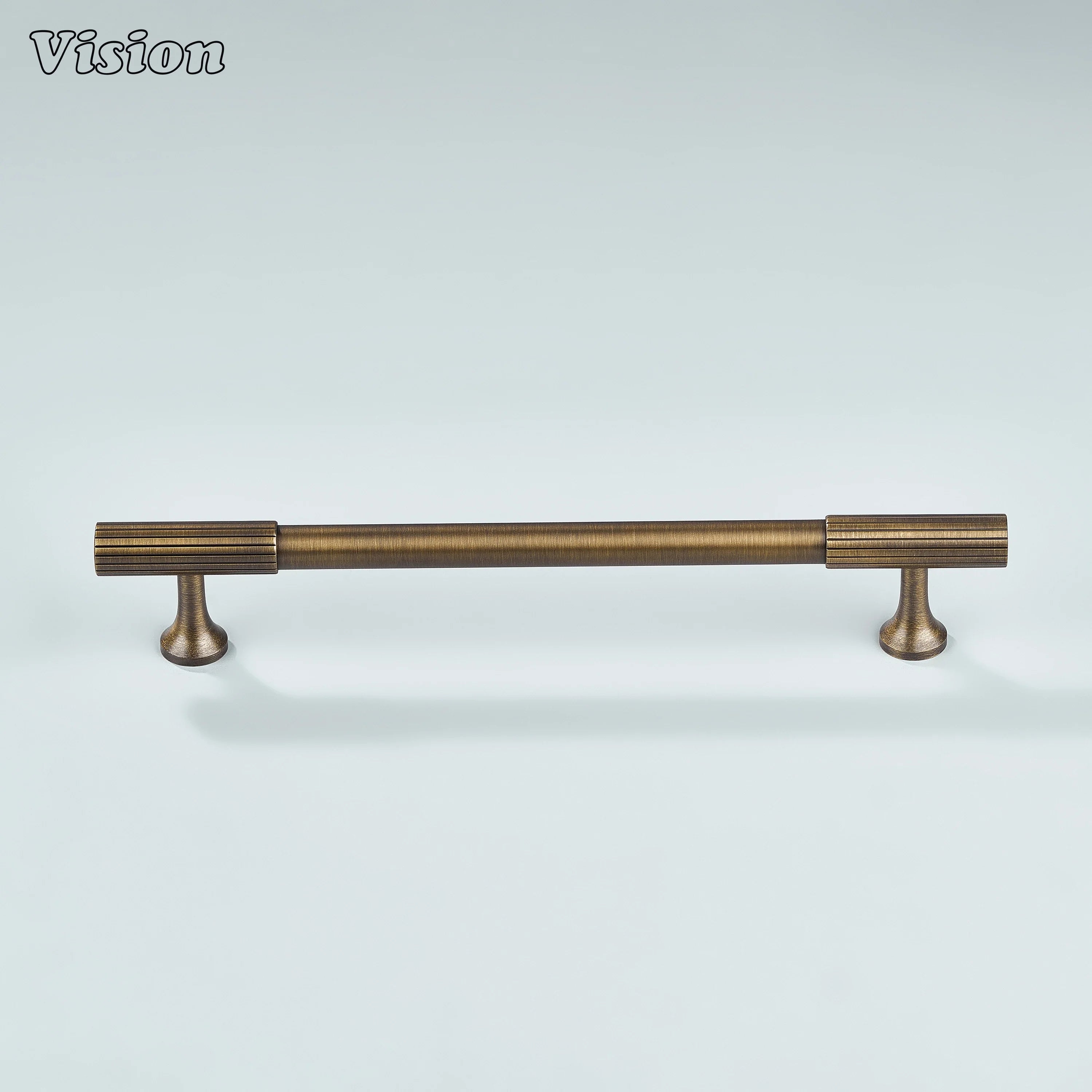 Solid brass antique bronze handle with smooth center and textured edges.