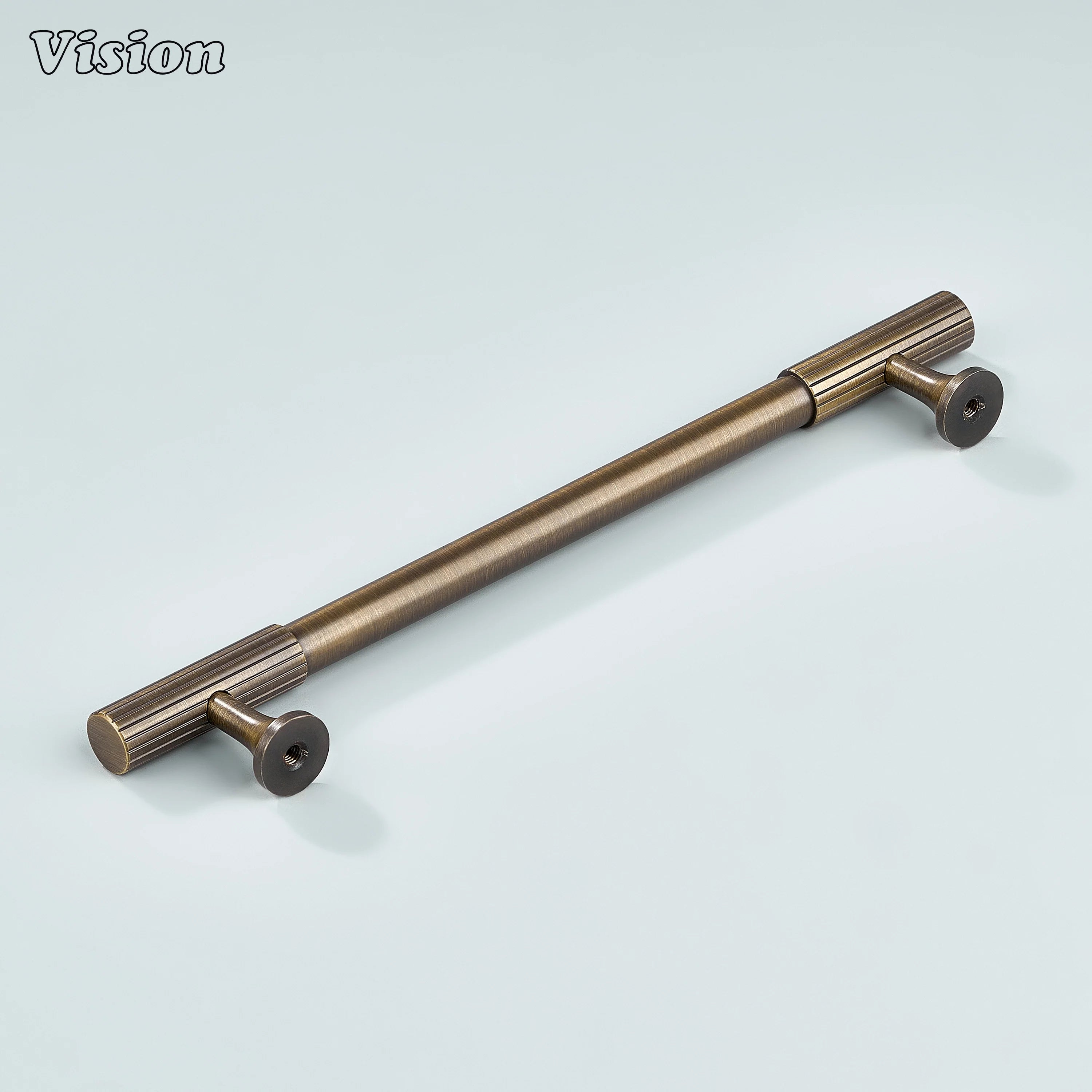 Elegant antique bronze brass handle with refined linear detailing.