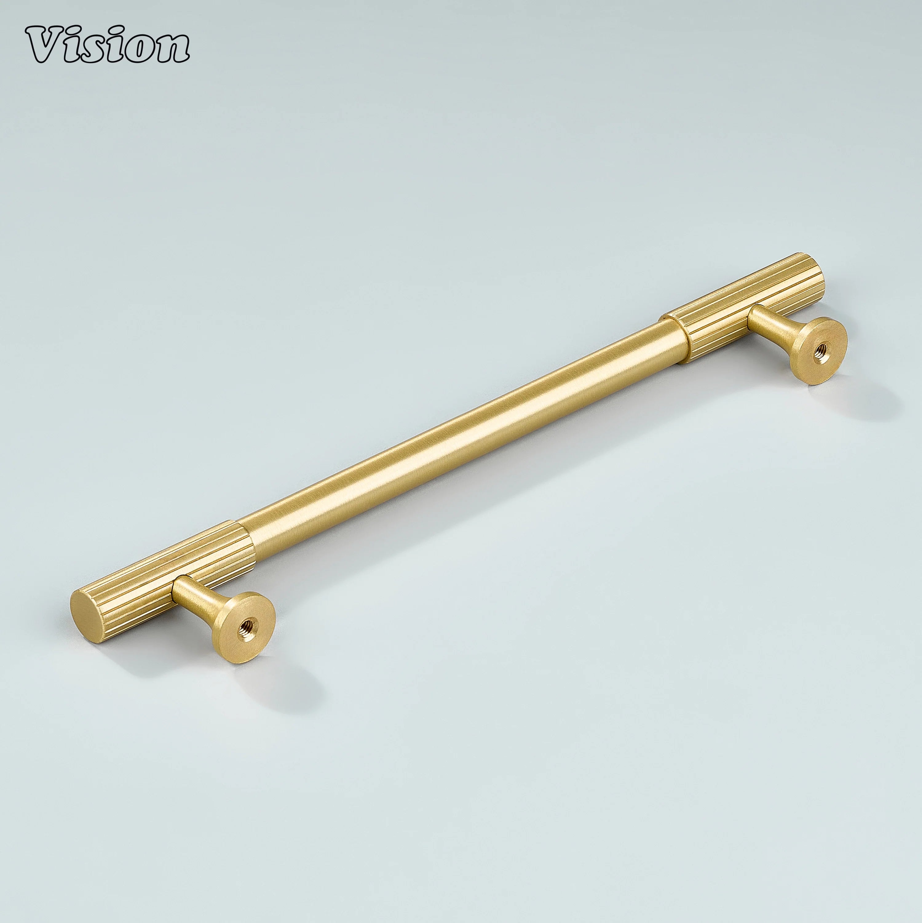 Stylish gold brass handle with knurled ends for contemporary interior cabinetry.