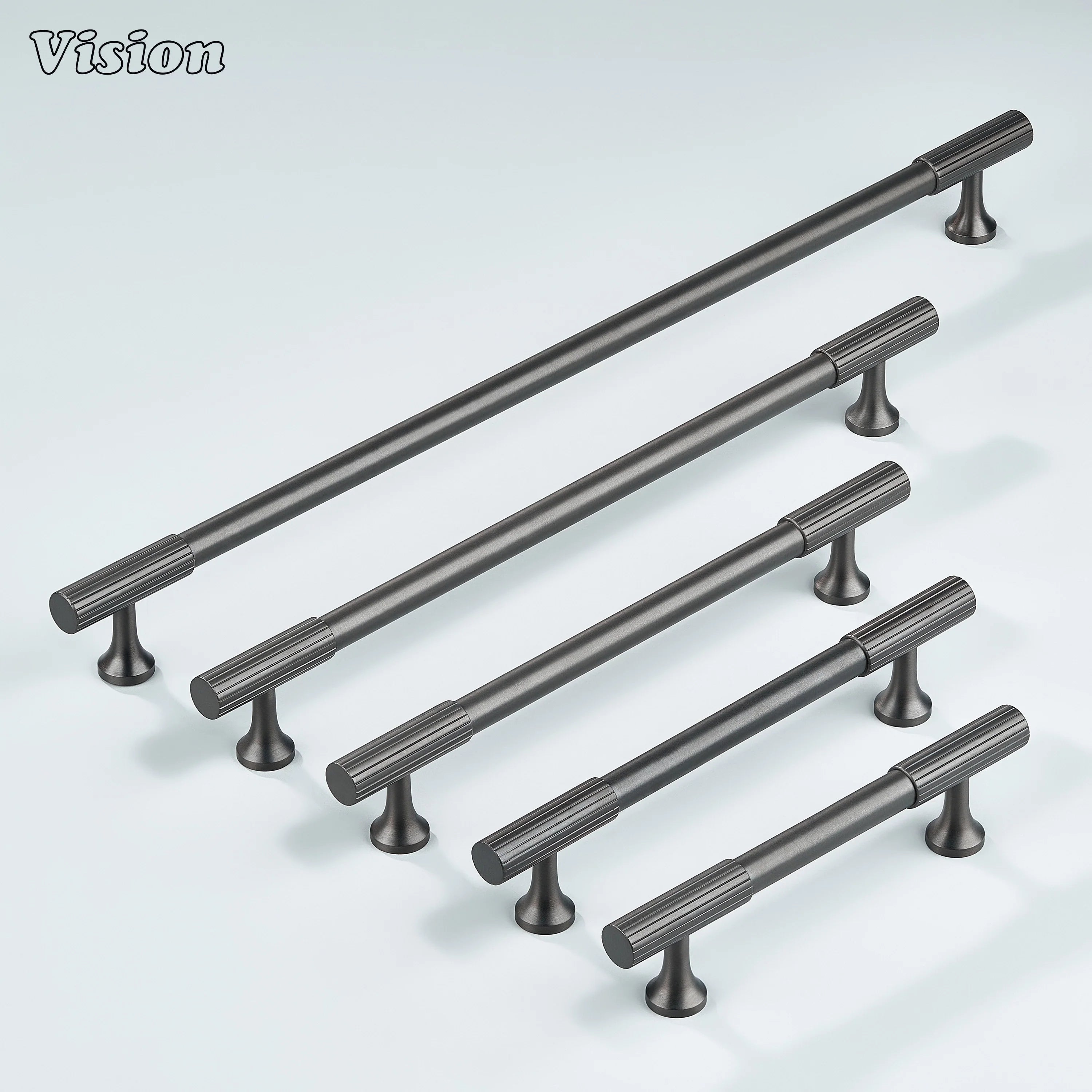 Modern gunmetal cabinet handle with linear-knurled textured ends.