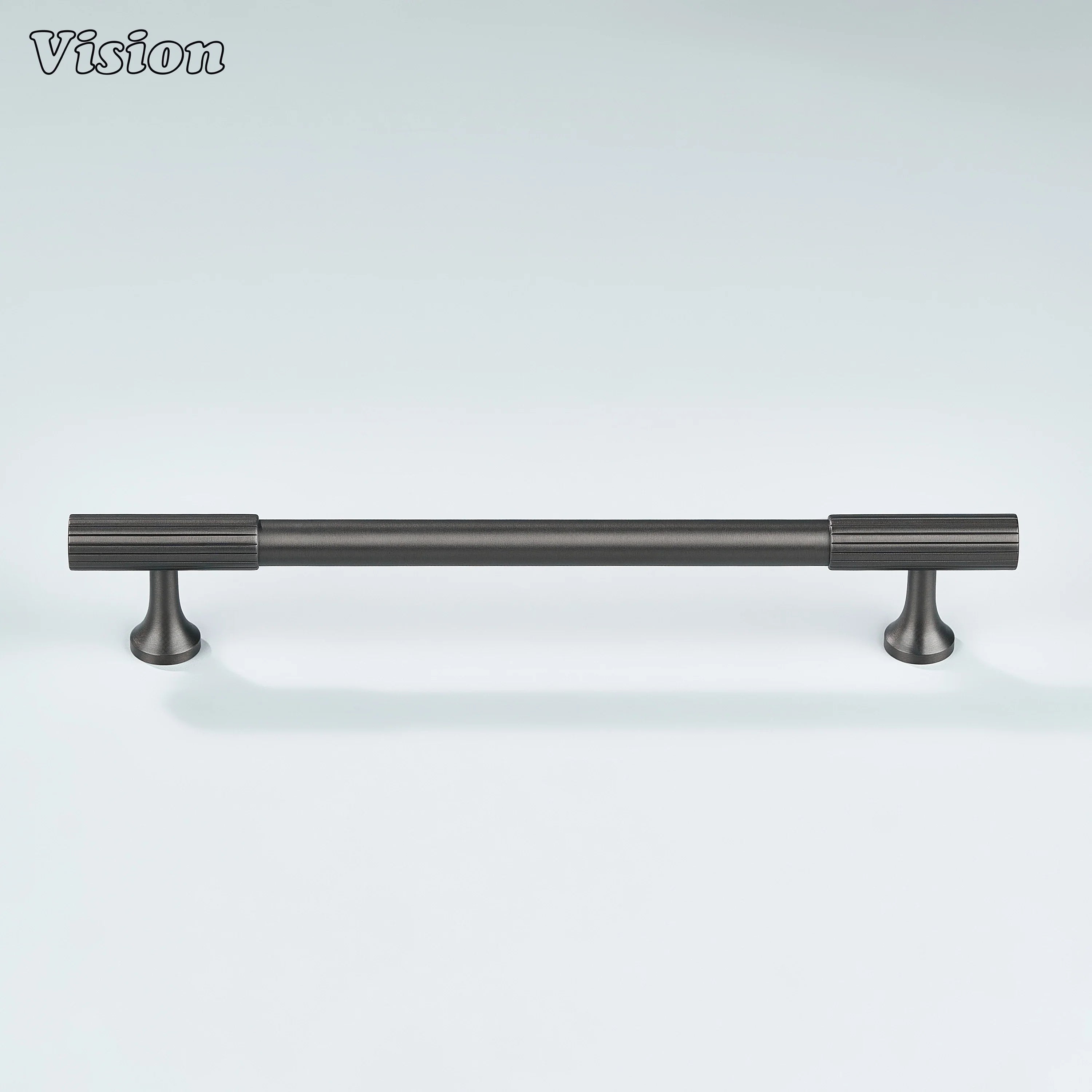 Sleek gunmetal pull with smooth center body and refined knurled ends.