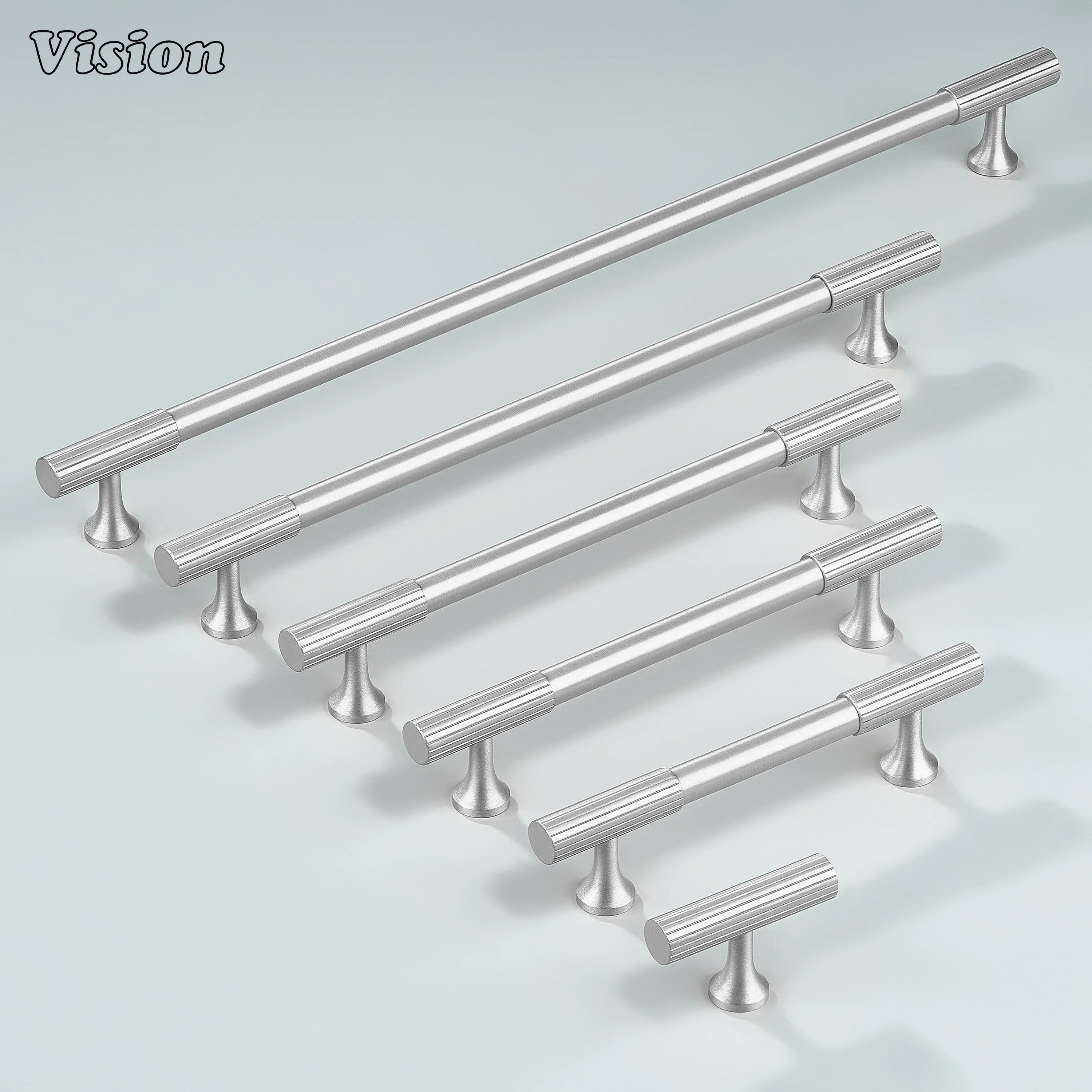 Solid brass silver cabinet handle with linear-knurled ends for enhanced grip.