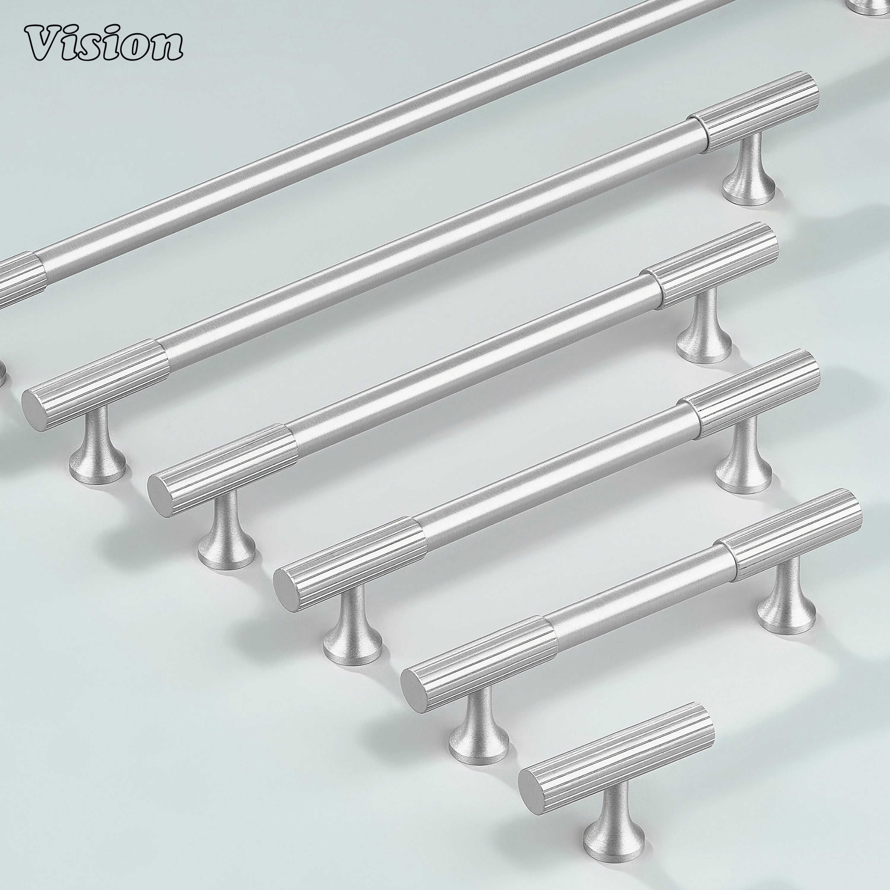 Contemporary silver knurled cabinet handle for kitchens, wardrobes, and drawers.